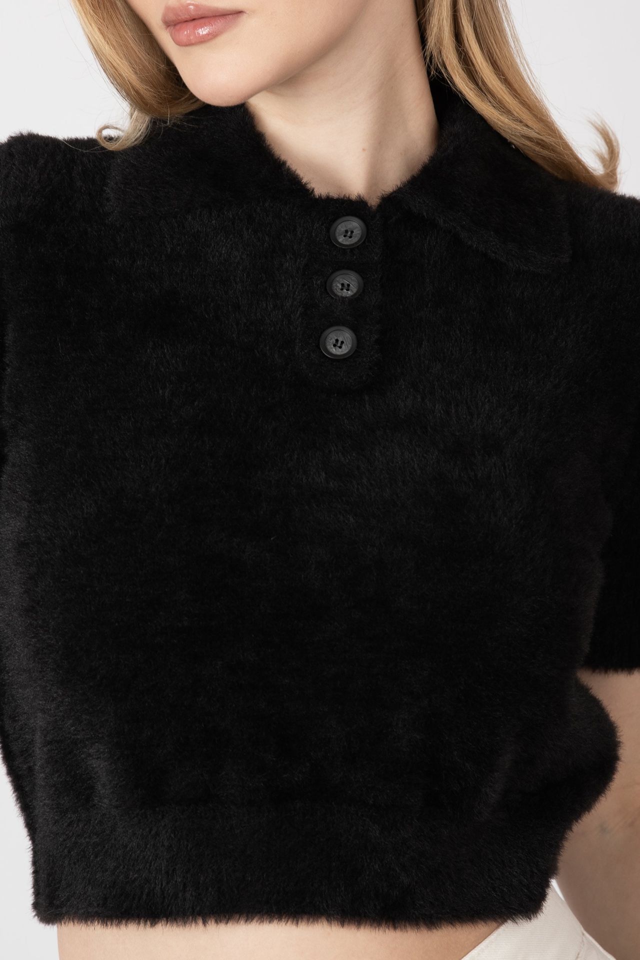 Shirt Collar Buttoned Short Sleeve Fluffy Sweater