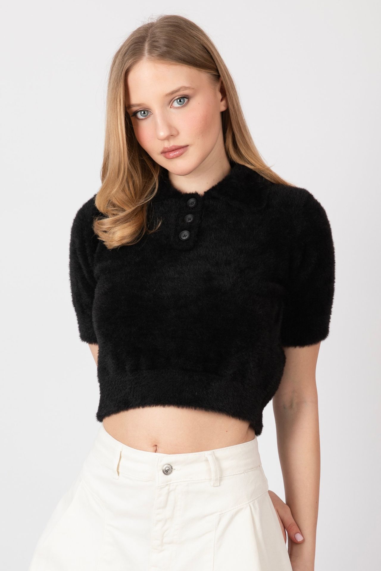 Shirt Collar Buttoned Short Sleeve Fluffy Sweater