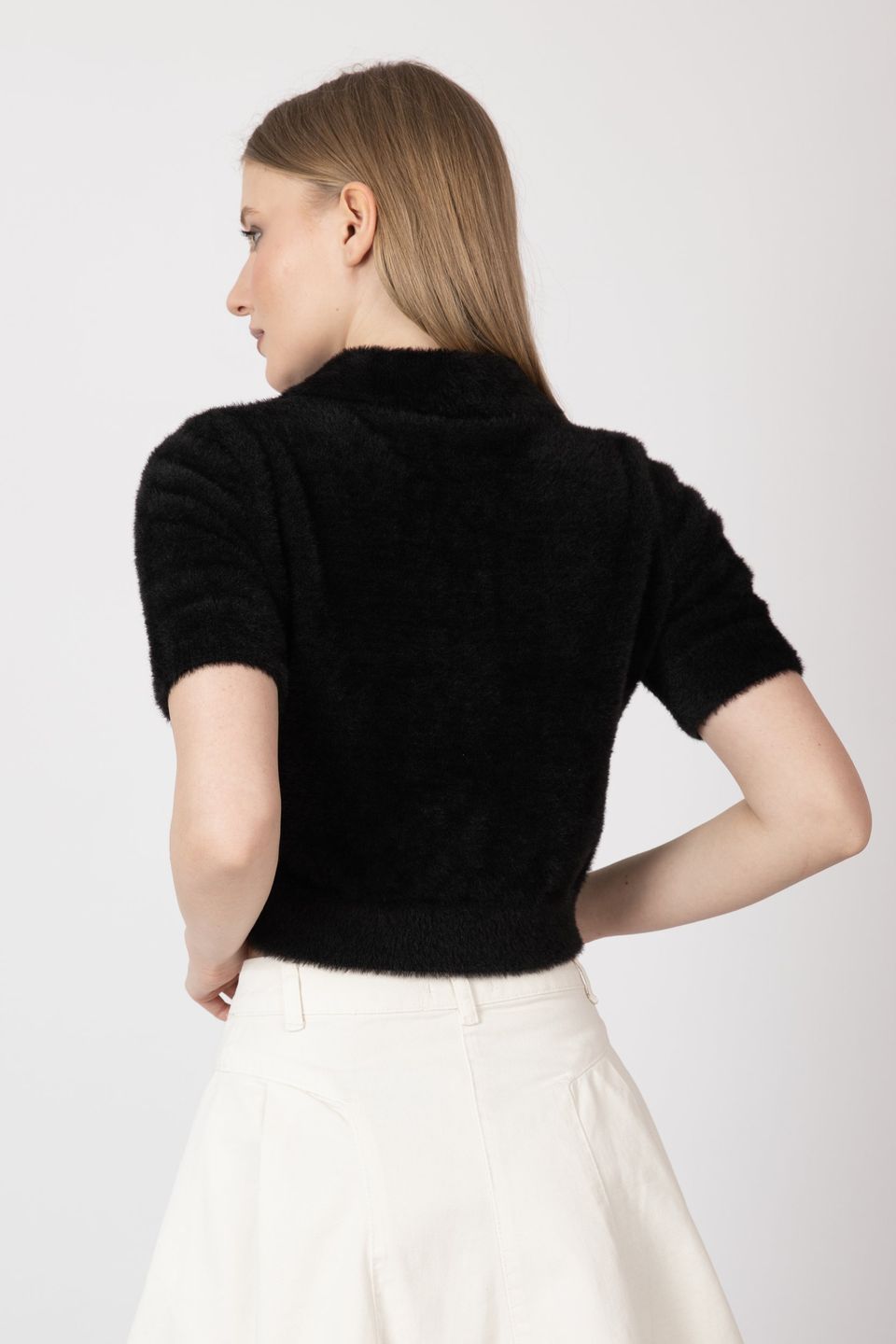 Shirt Collar Buttoned Short Sleeve Fluffy Sweater 5