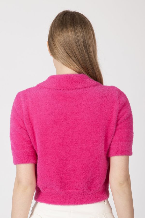 Shirt Collar Buttoned Short Sleeve Fluffy Sweater 2