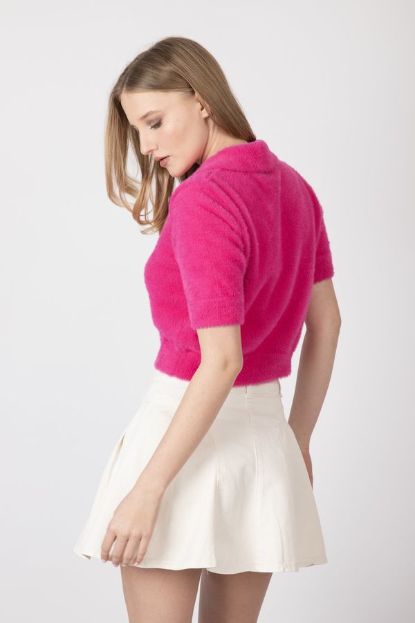 Shirt Collar Buttoned Short Sleeve Fluffy Sweater 3