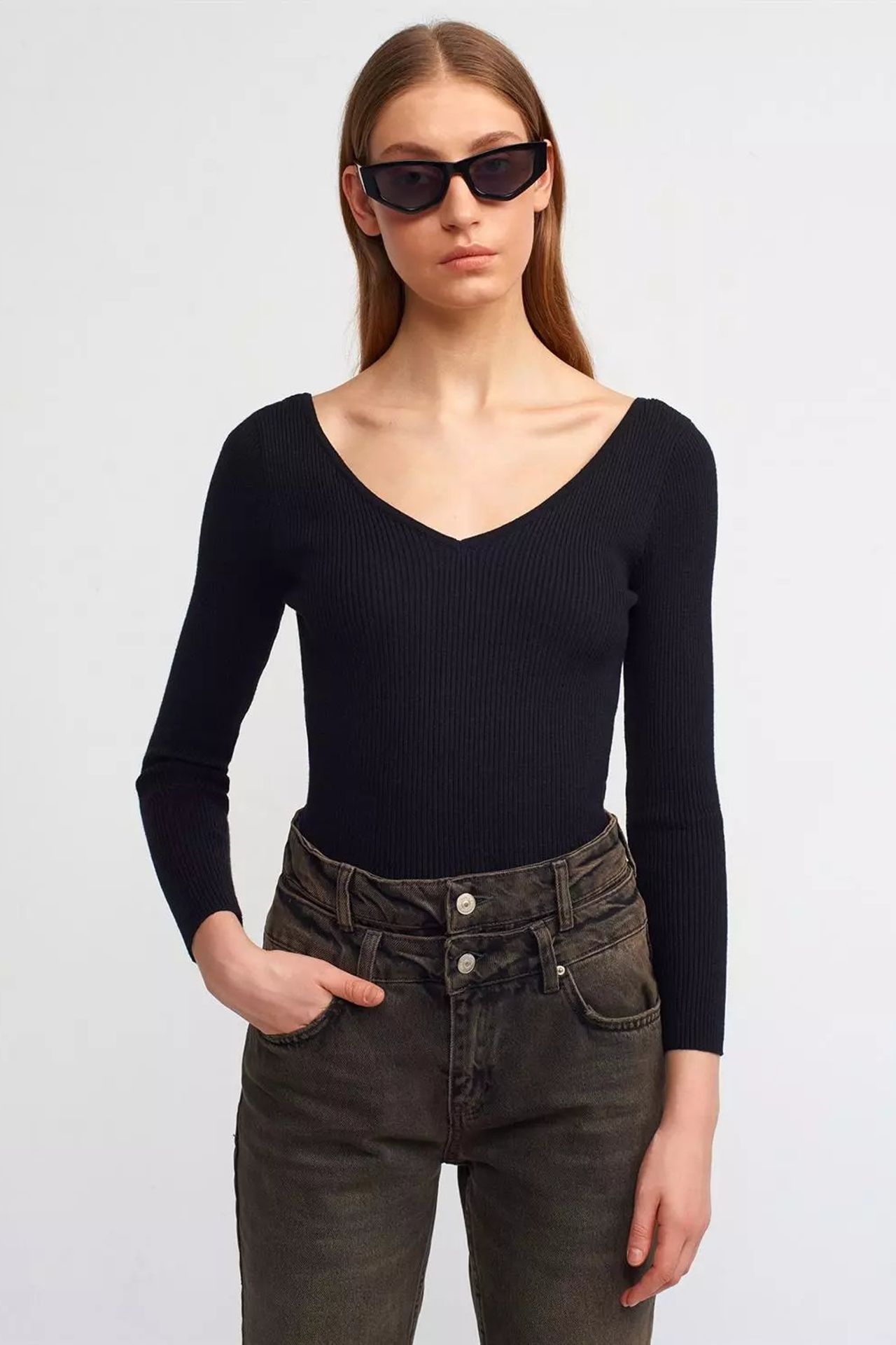 V Neck Ribbed Basic Sweater