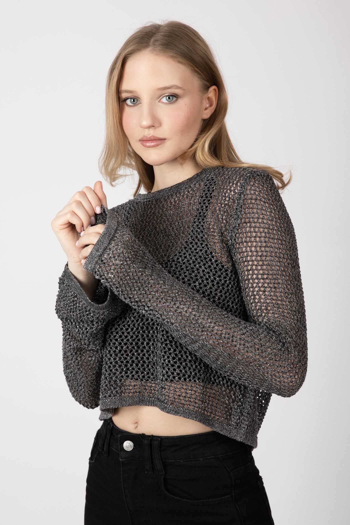 Crew Neck Long Sleeve Crochet Top