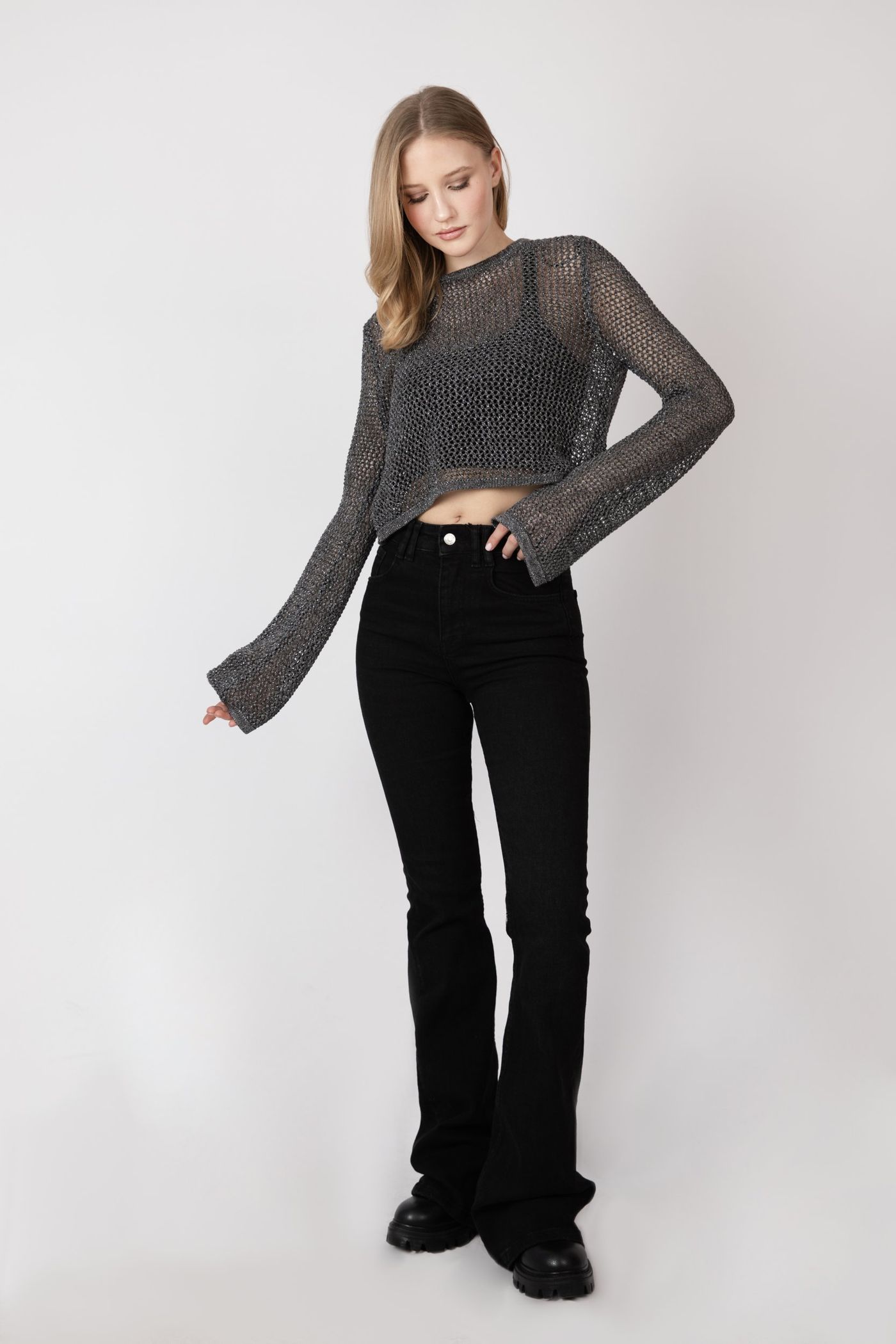 Crew Neck Long Sleeve Crochet Top