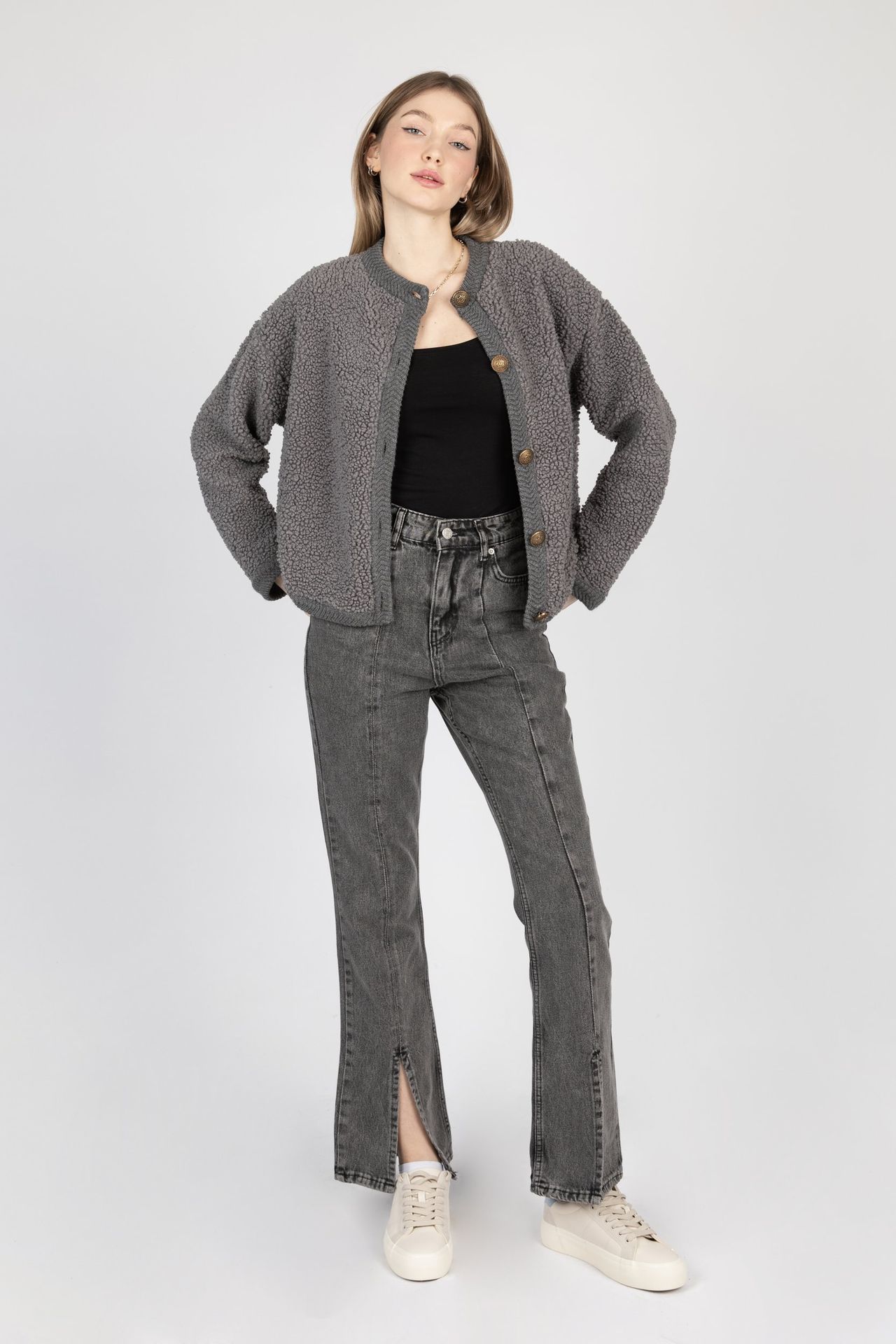 Bouclette Crew Neck Buttoned Cardigan