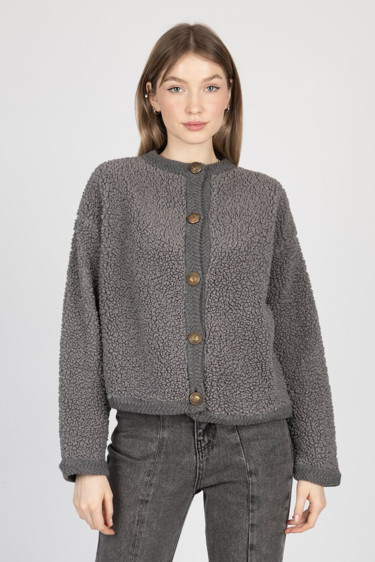 Bouclette Crew Neck Buttoned Cardigan
