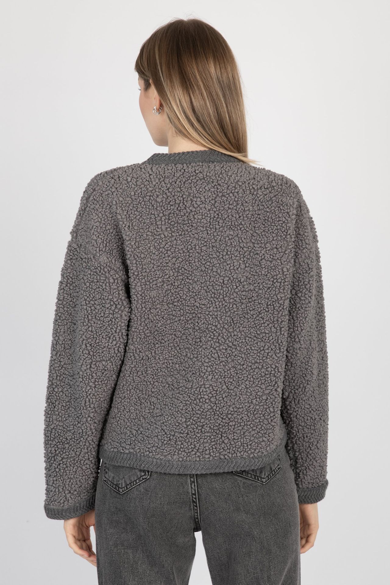 Bouclette Crew Neck Buttoned Cardigan