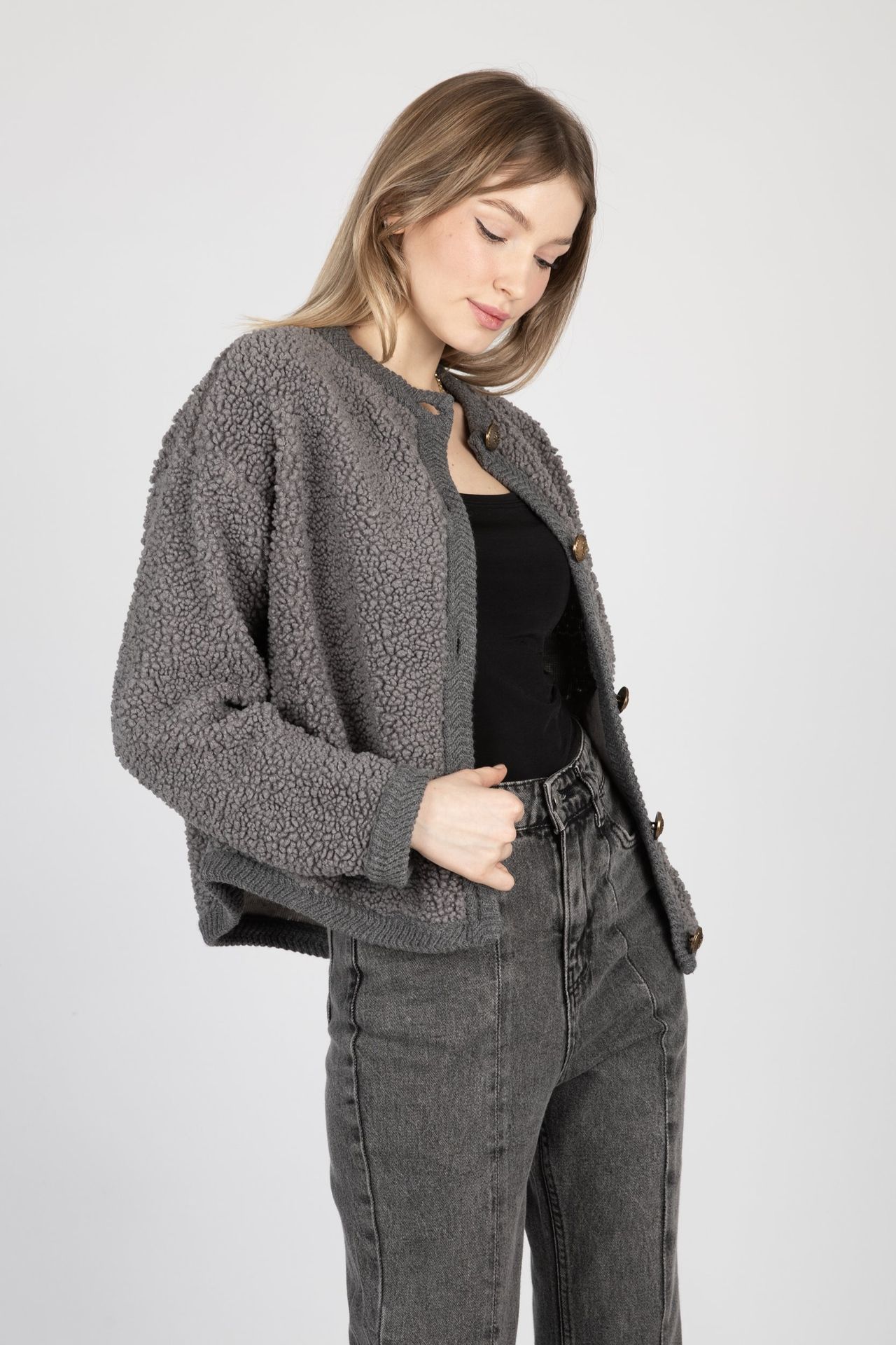 Bouclette Crew Neck Buttoned Cardigan