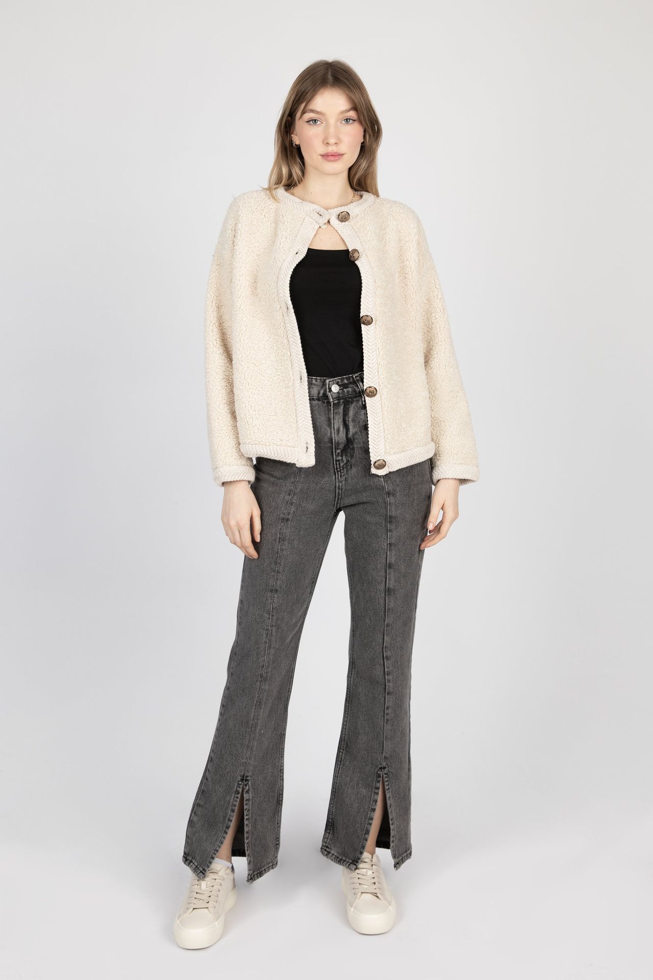 Bouclette Crew Neck Buttoned Cardigan