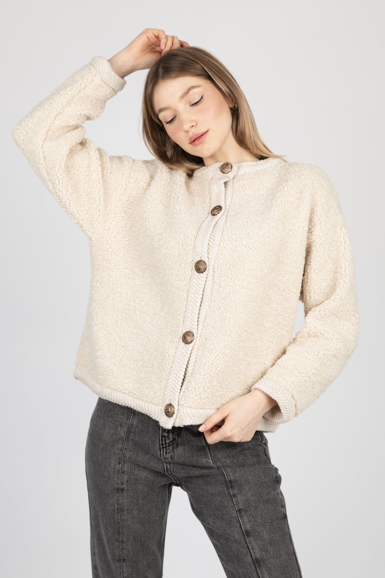 Bouclette Crew Neck Buttoned Cardigan