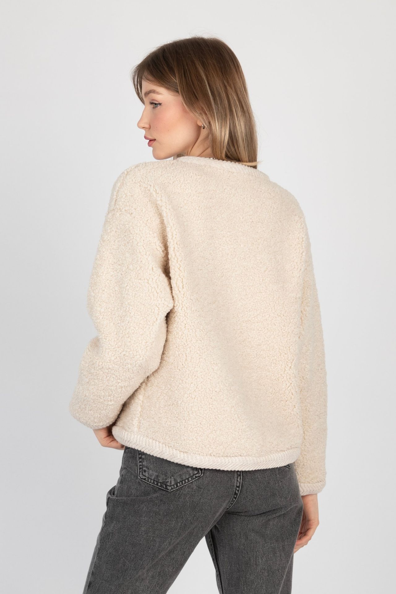 Bouclette Crew Neck Buttoned Cardigan