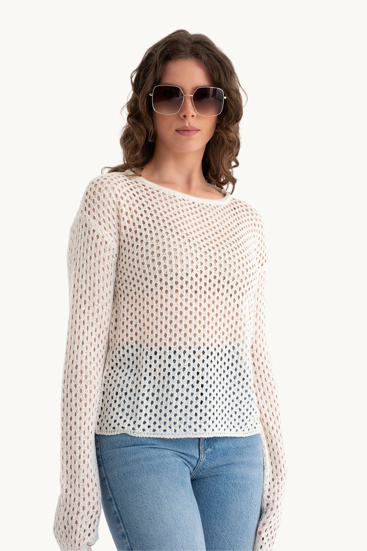 Crochet Crew Neck Mesh Sweater