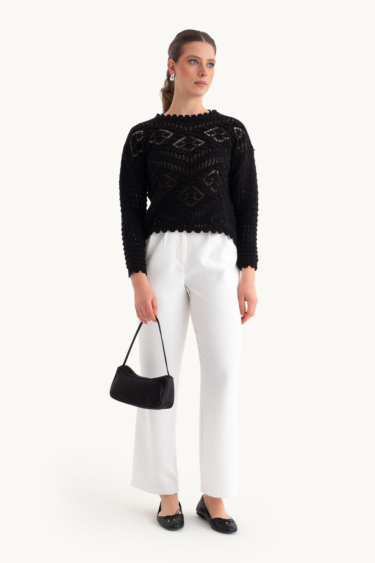 Knitted Crochet Crew Neck Sweater