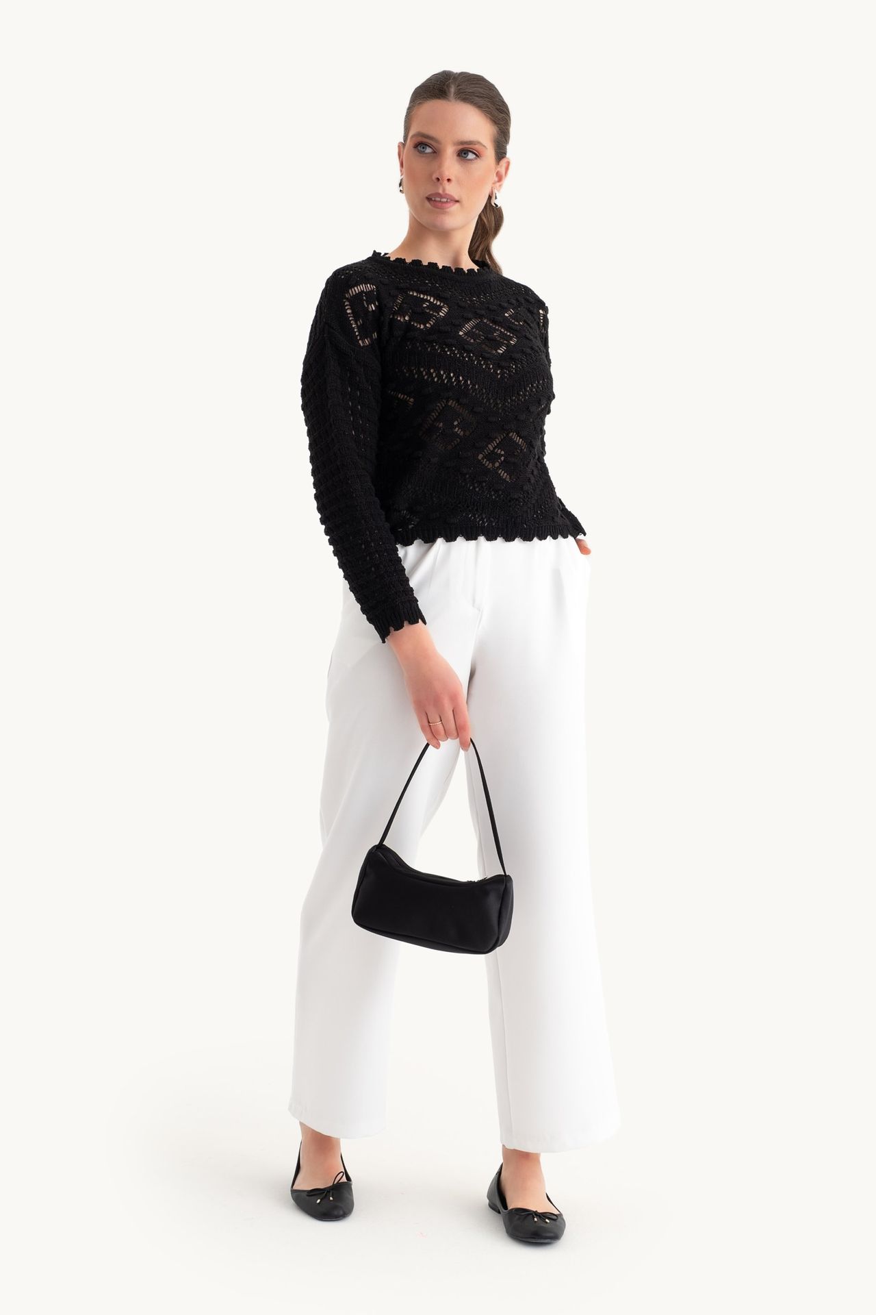 Knitted Crochet Crew Neck Sweater