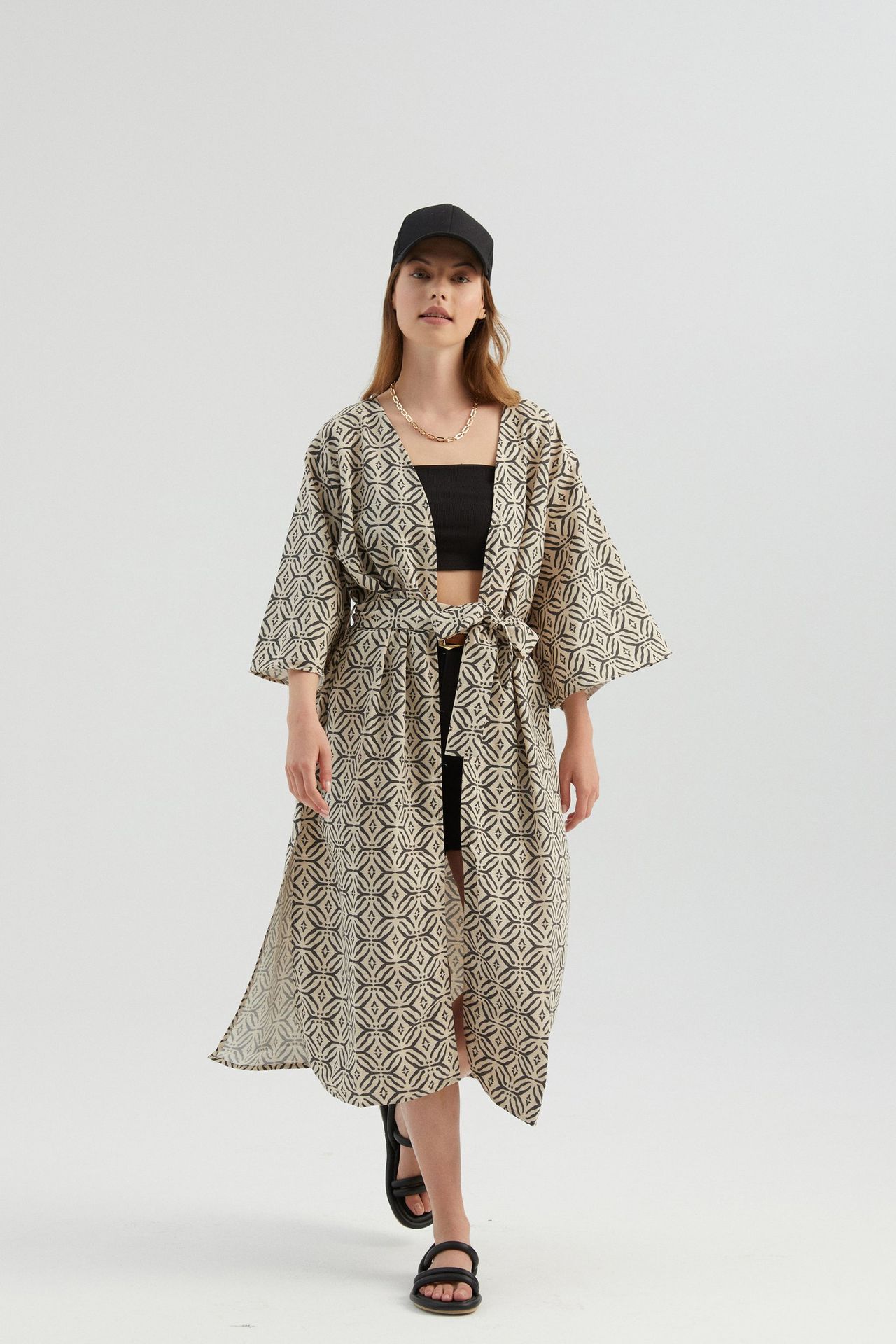 Geometric Long Kimono with a Belt Detail