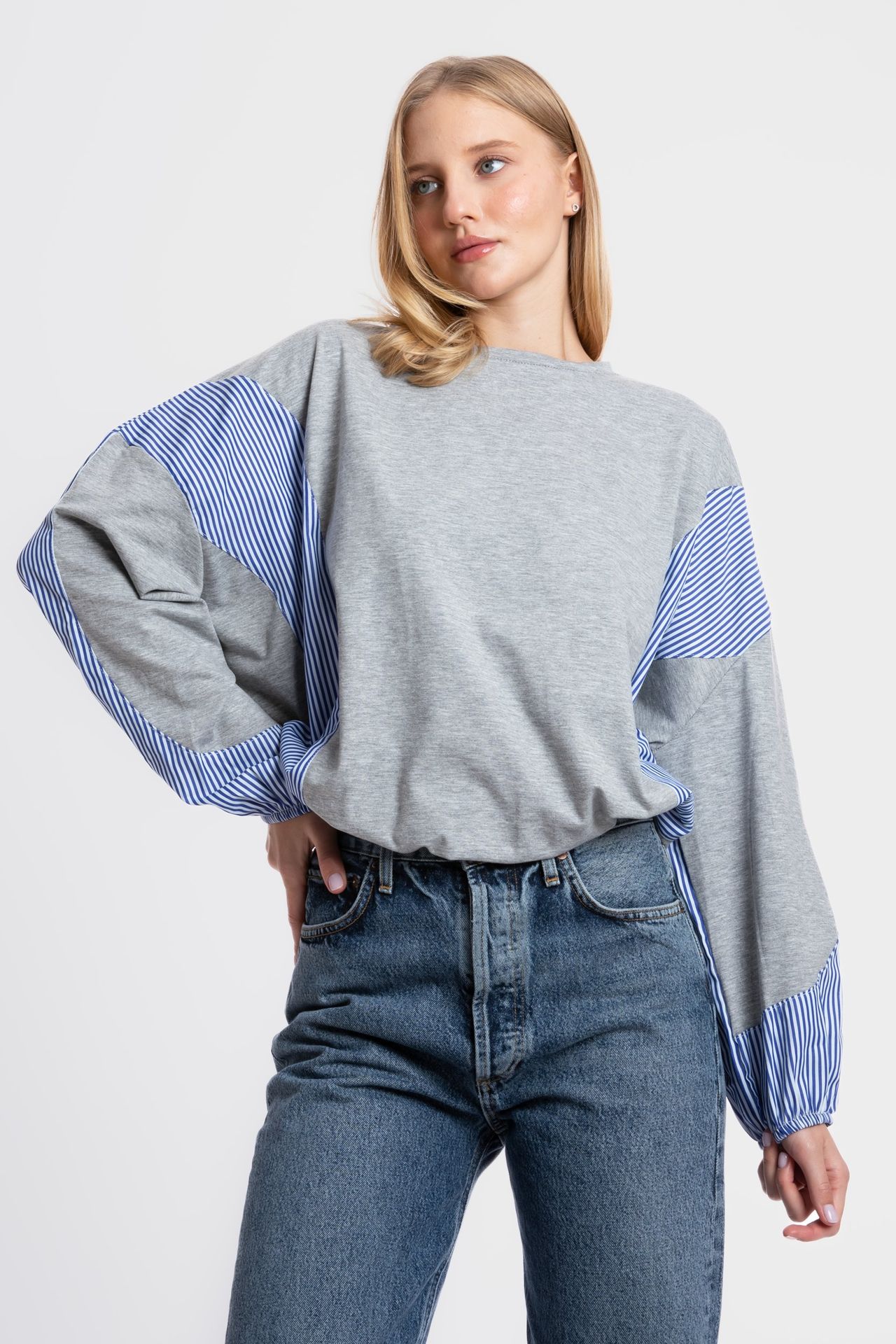 Block Coloured Round Neck Shirt with a Shirt Detailed Sleeves