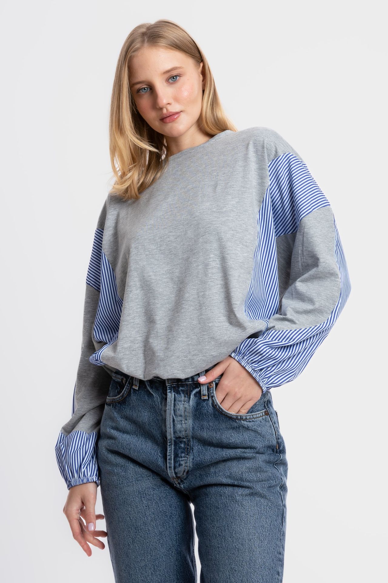 Block Coloured Round Neck Shirt with a Shirt Detailed Sleeves
