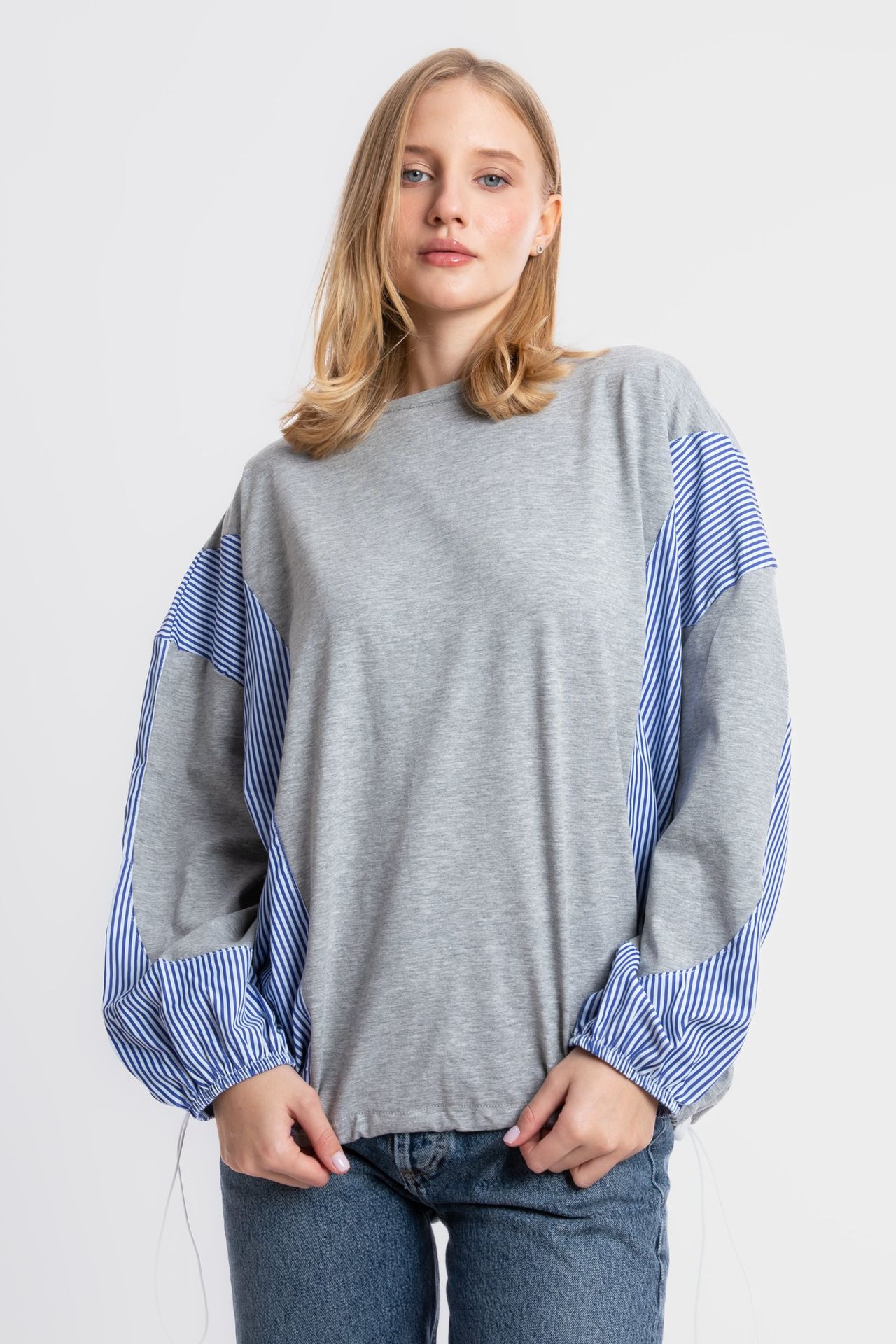 Block Coloured Round Neck Shirt with a Shirt Detailed Sleeves