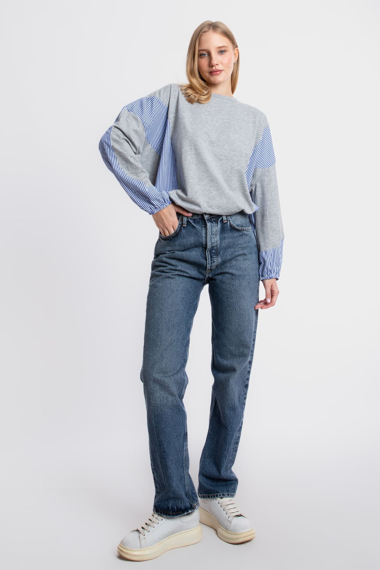 Block Coloured Round Neck Shirt with a Shirt Detailed Sleeves
