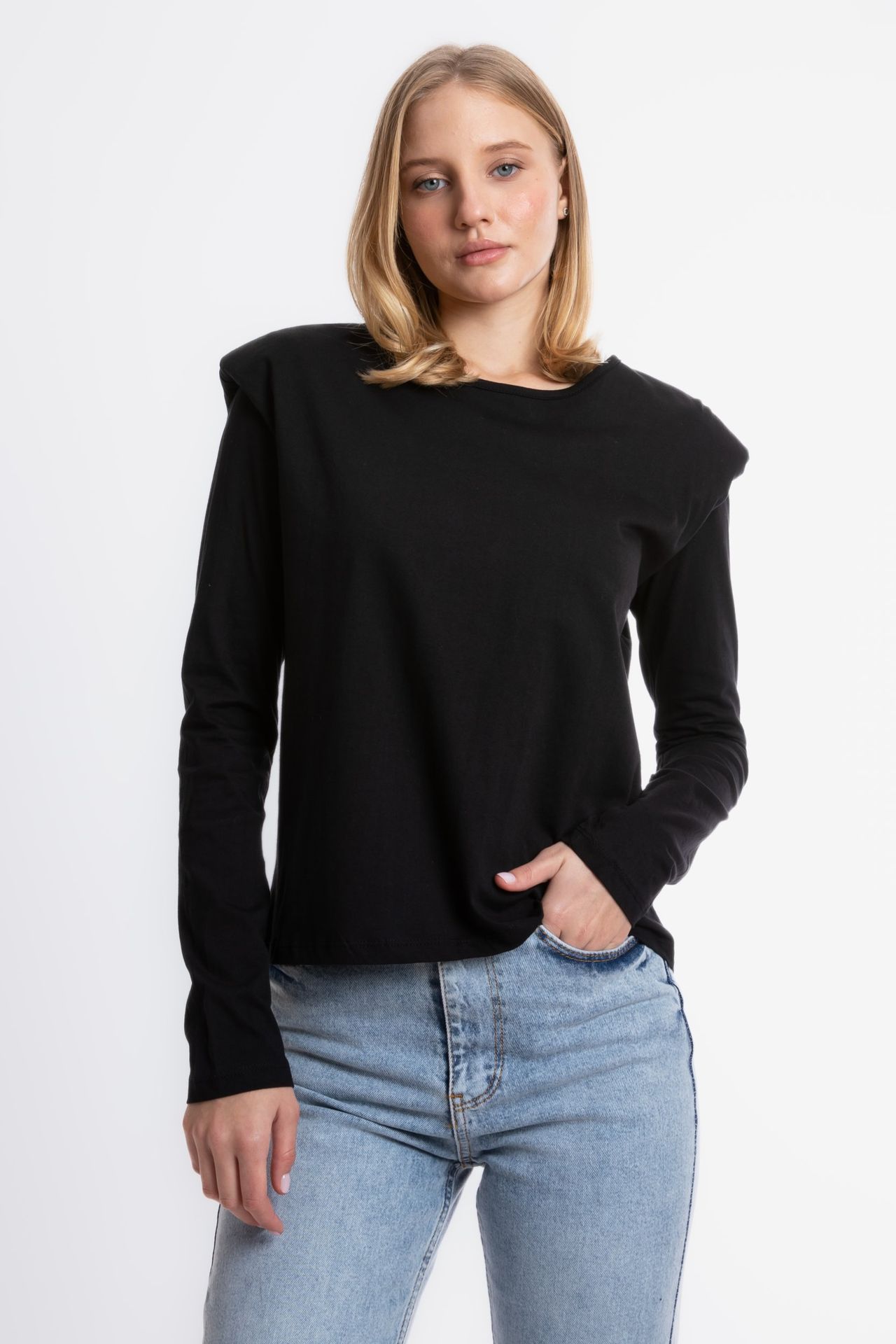 Round Neck Padded Shoulder Long Sleeve Top
