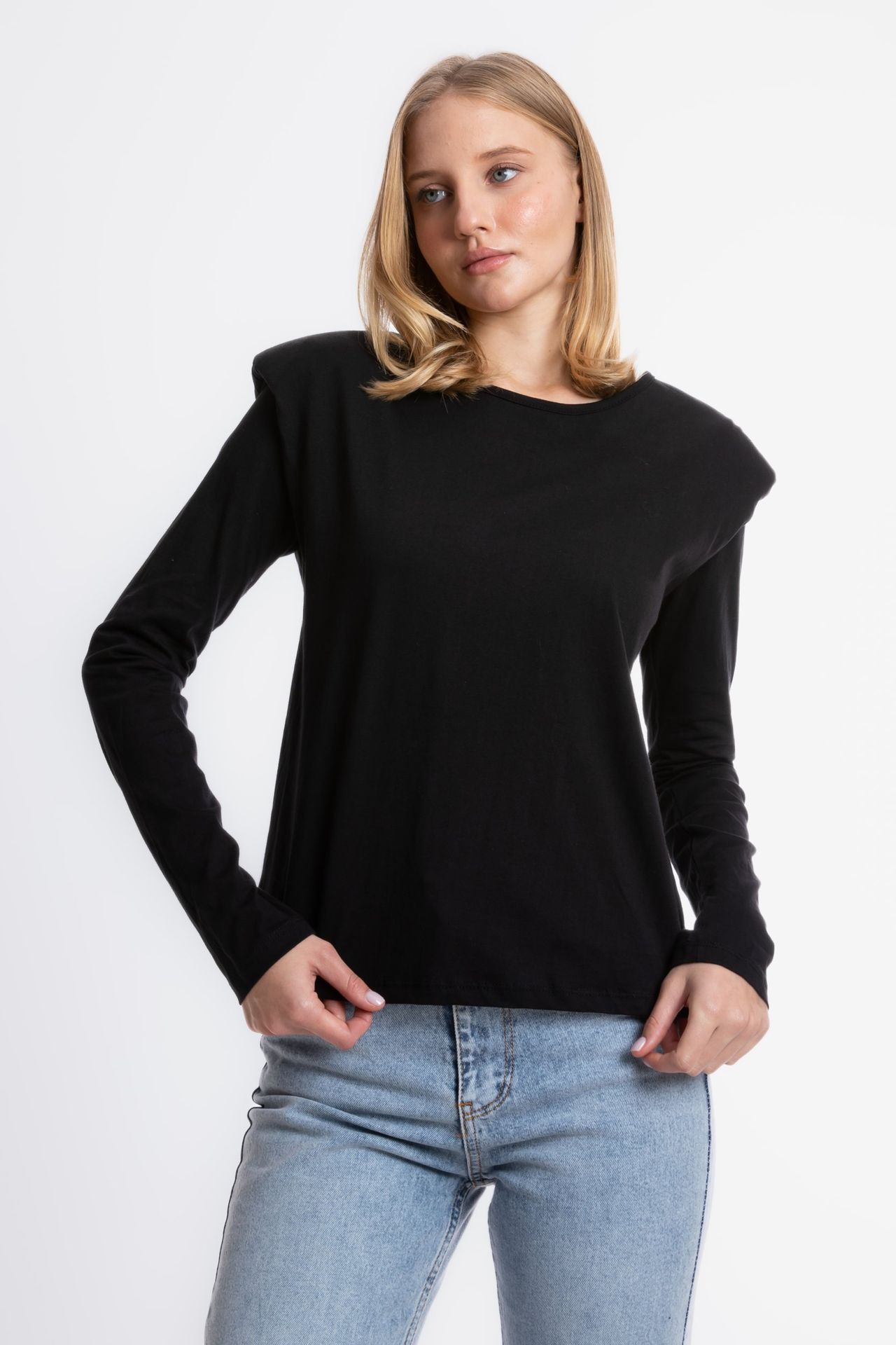 Round Neck Padded Shoulder Long Sleeve Top