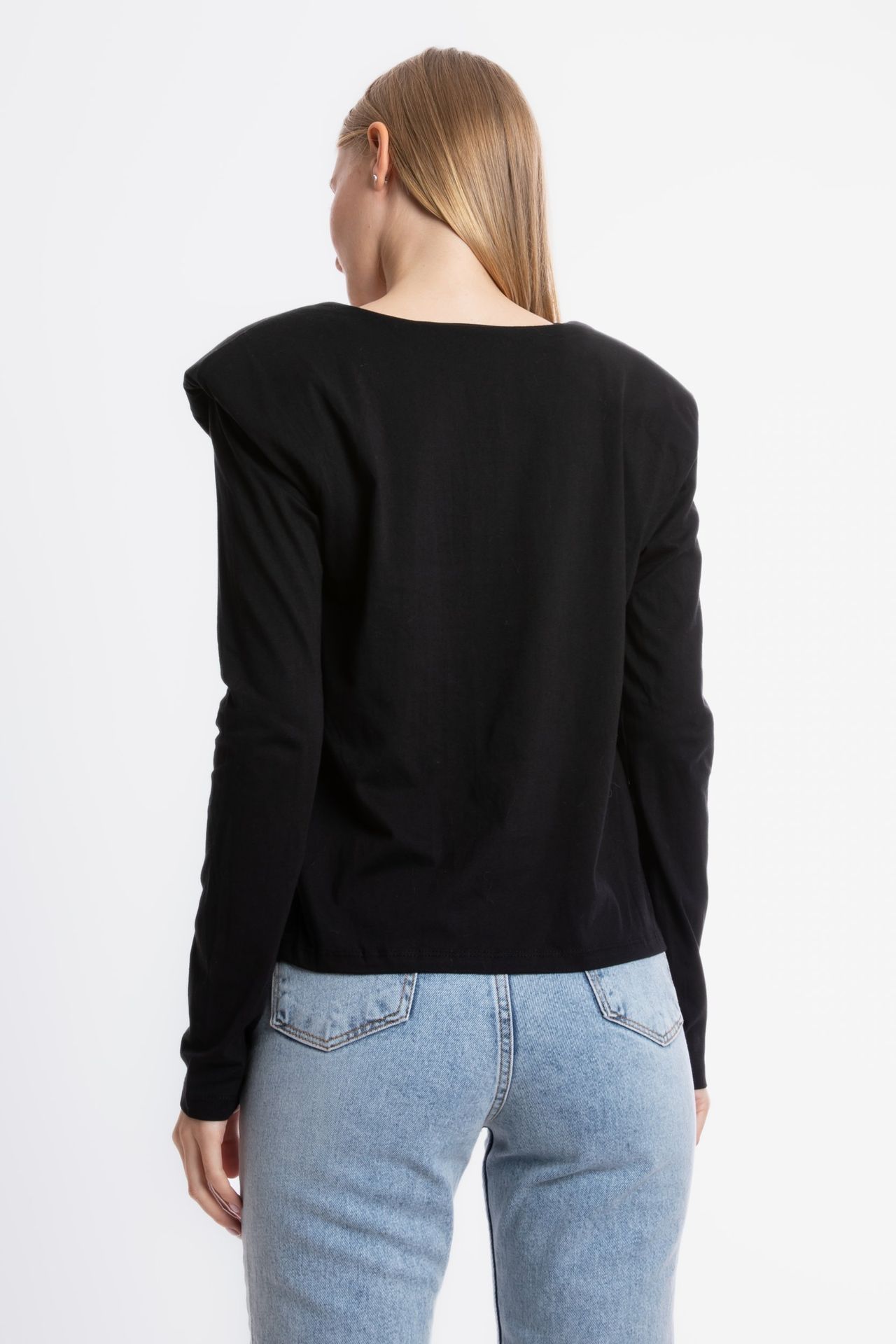 Round Neck Padded Shoulder Long Sleeve Top