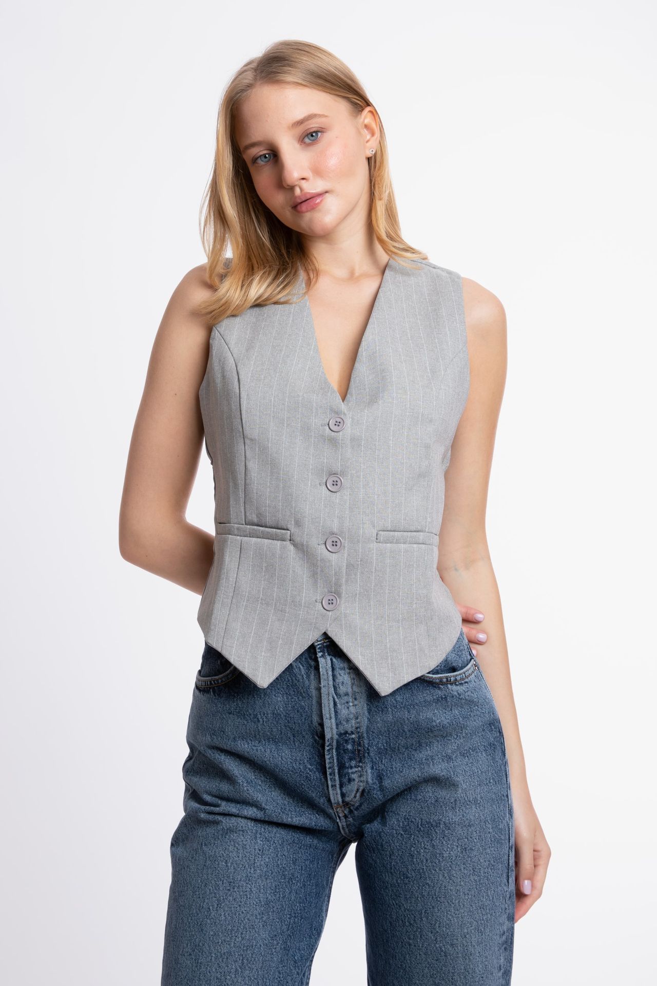 Striped V Neck Buttoned Waistcoat