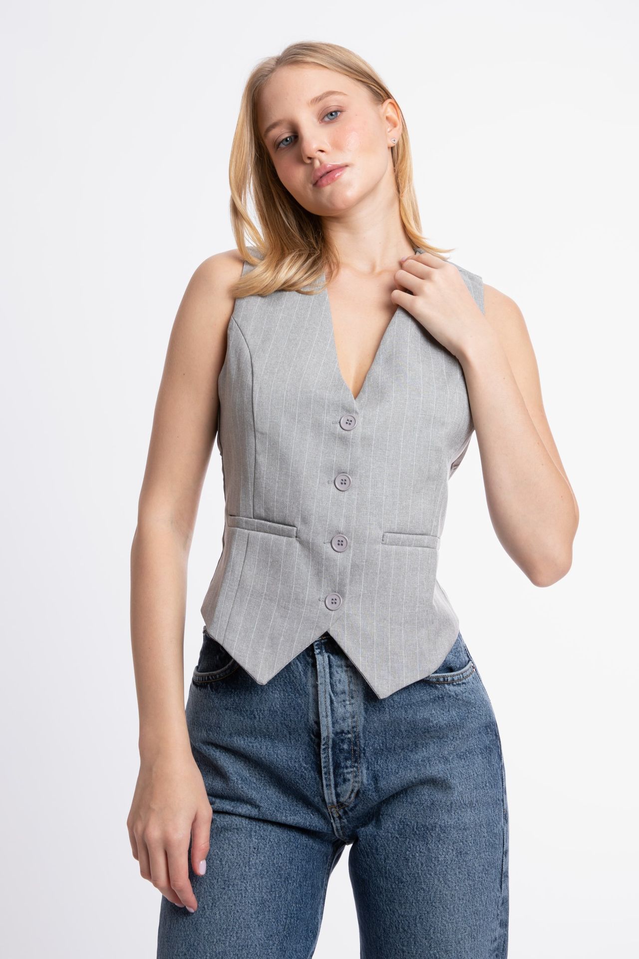 Striped V Neck Buttoned Waistcoat