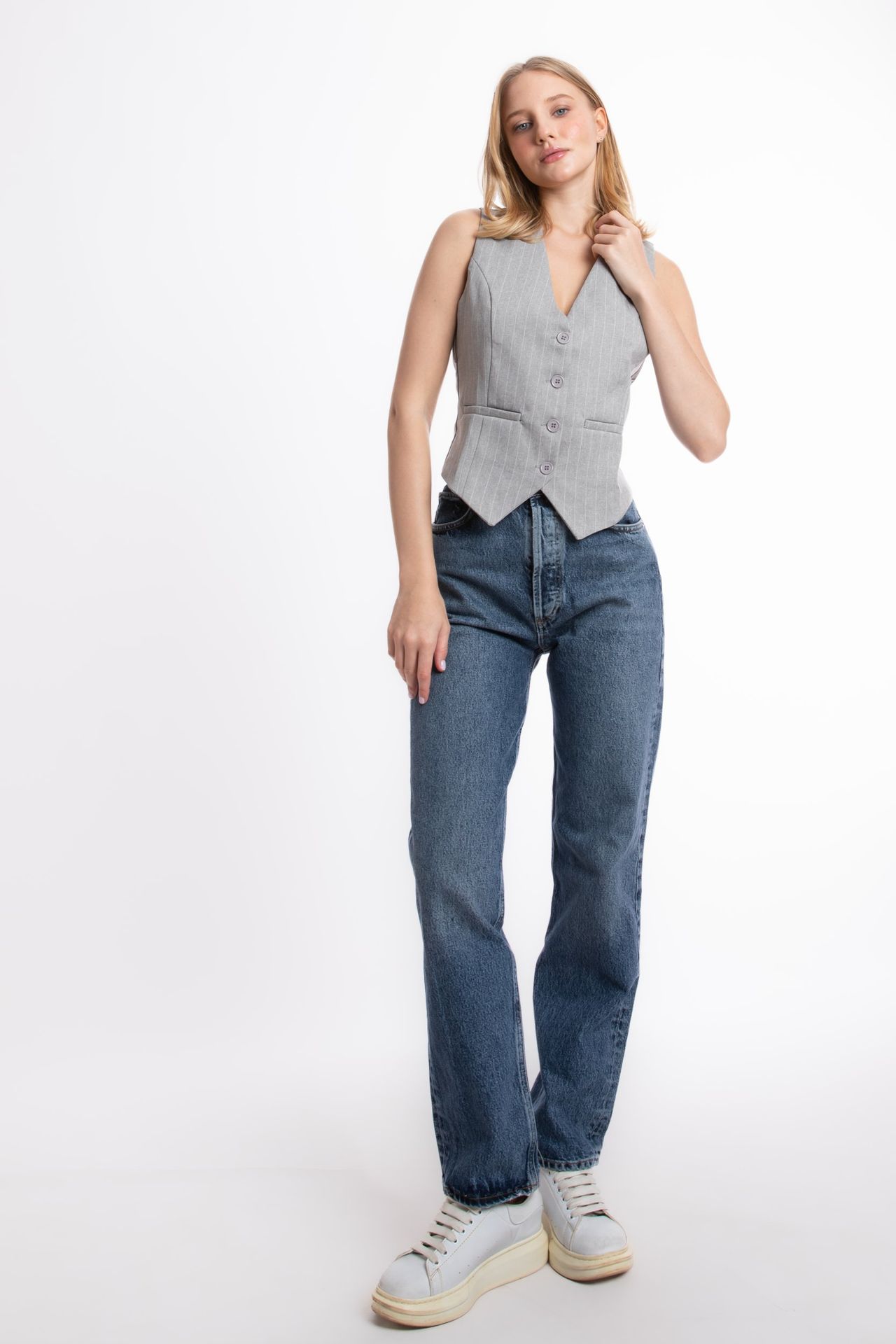 Striped V Neck Buttoned Waistcoat