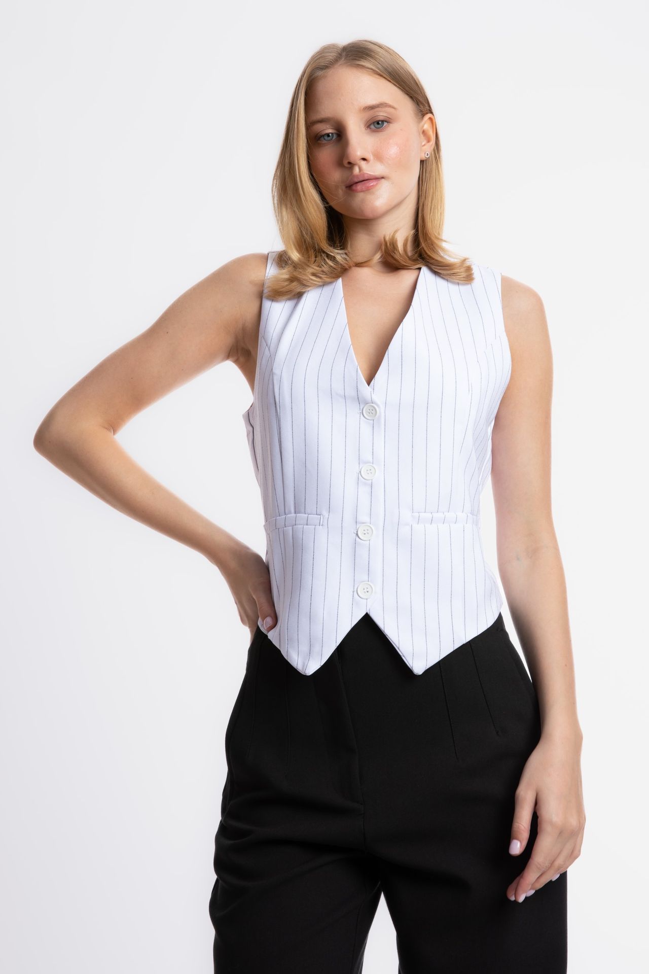 Striped V Neck Buttoned Waistcoat