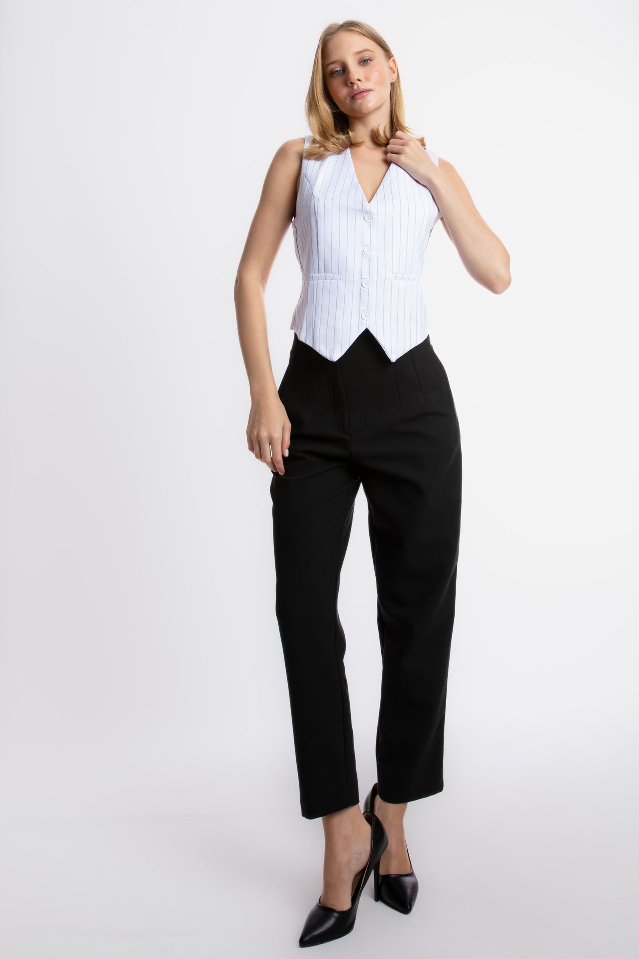 Striped V Neck Buttoned Waistcoat