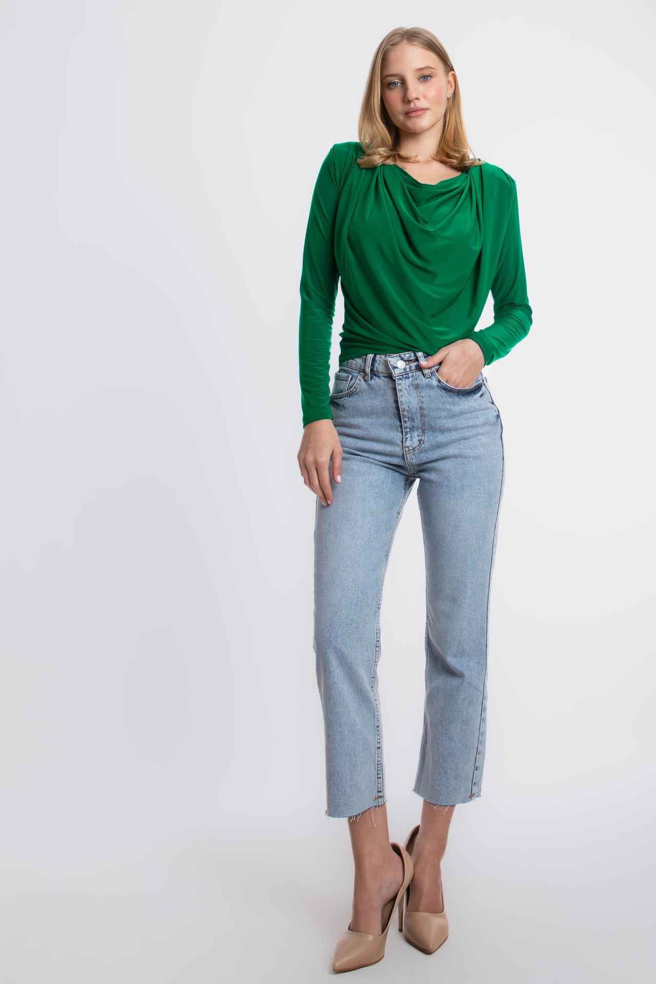 Cowl Neck Slinky Fabric Long Sleeve Blouse