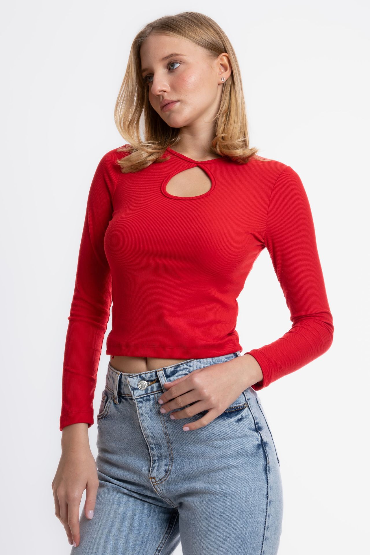 Round Neck Ribbed Cut Out Blouse