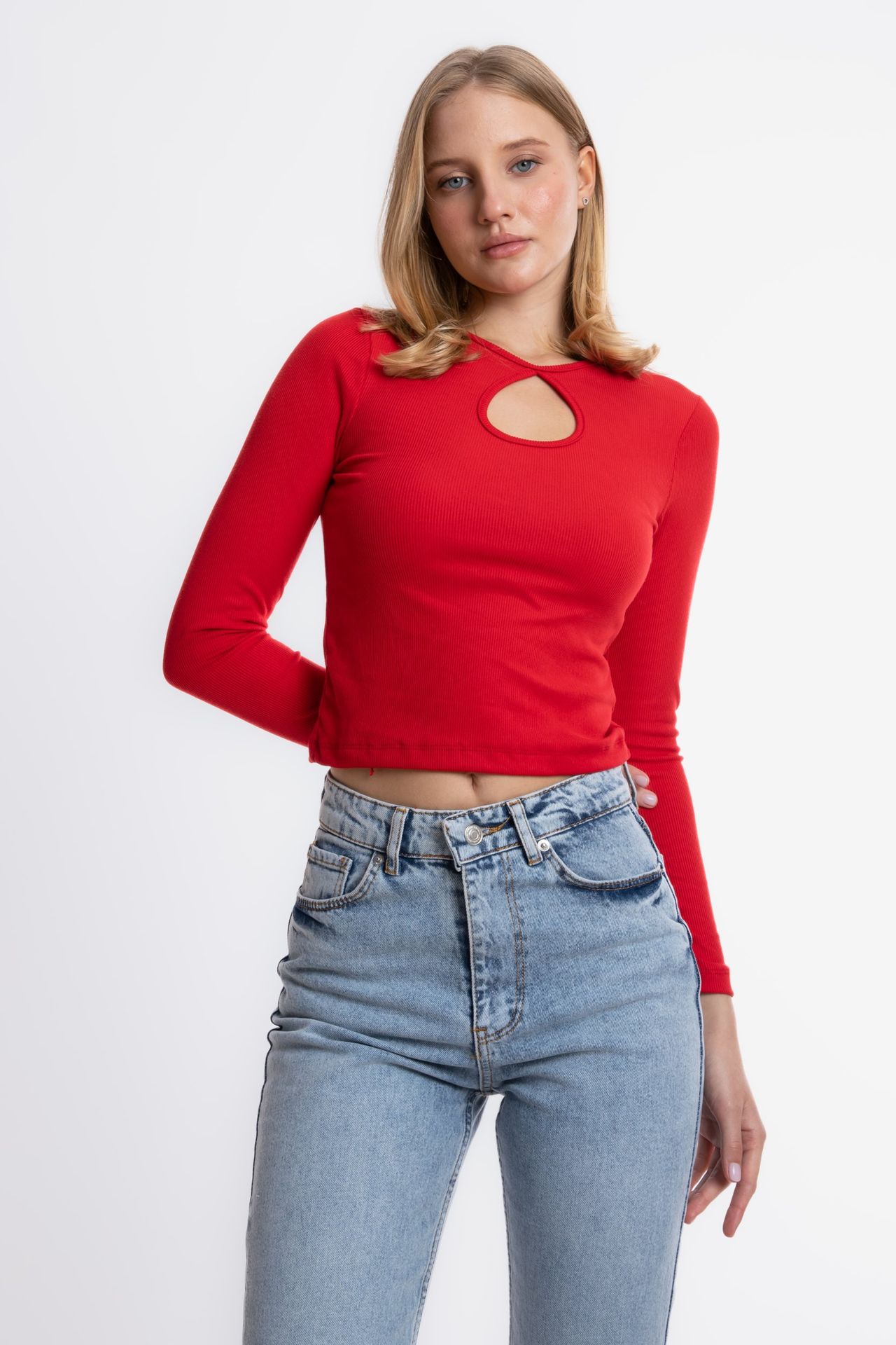 Round Neck Ribbed Cut Out Blouse