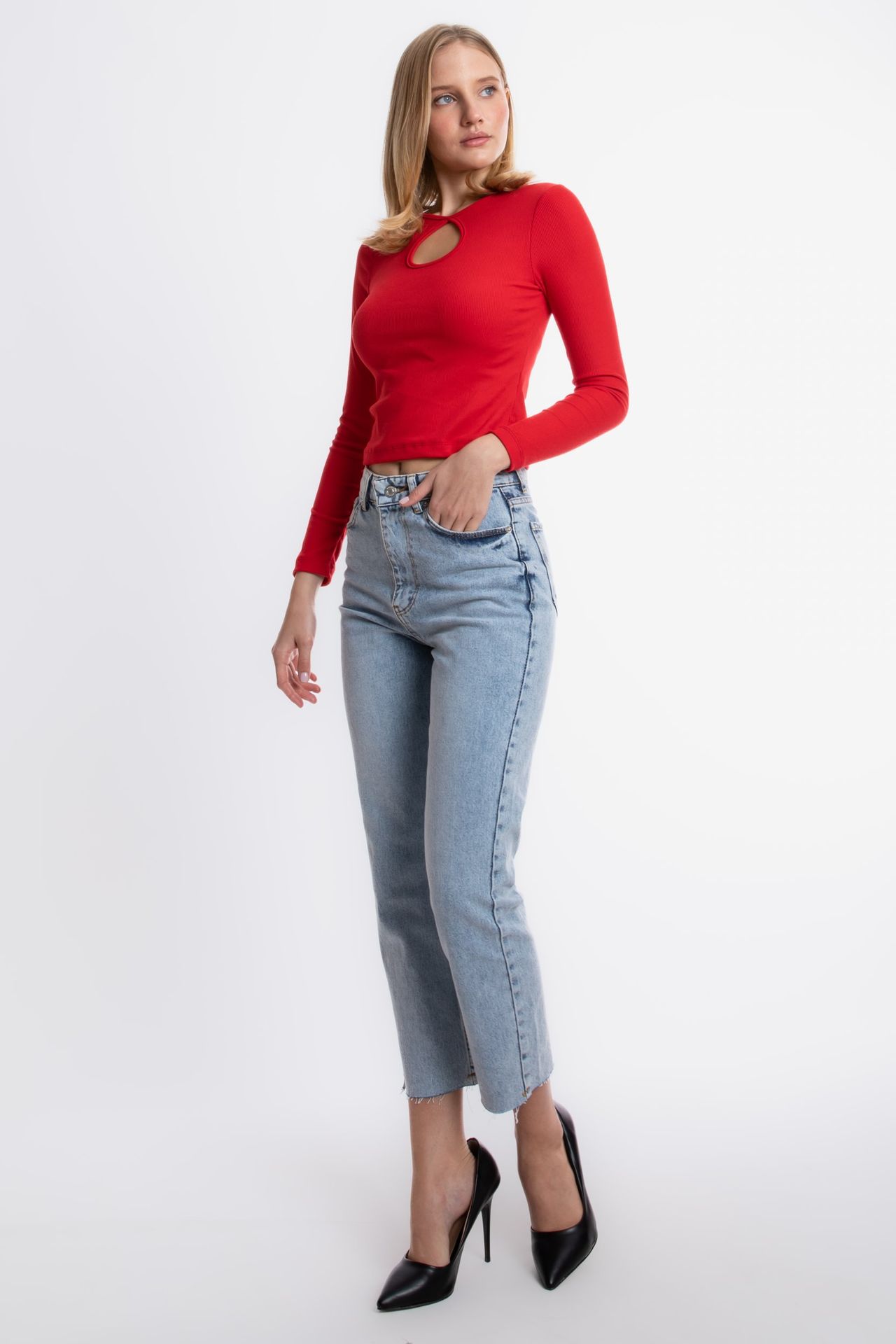 Round Neck Ribbed Cut Out Blouse