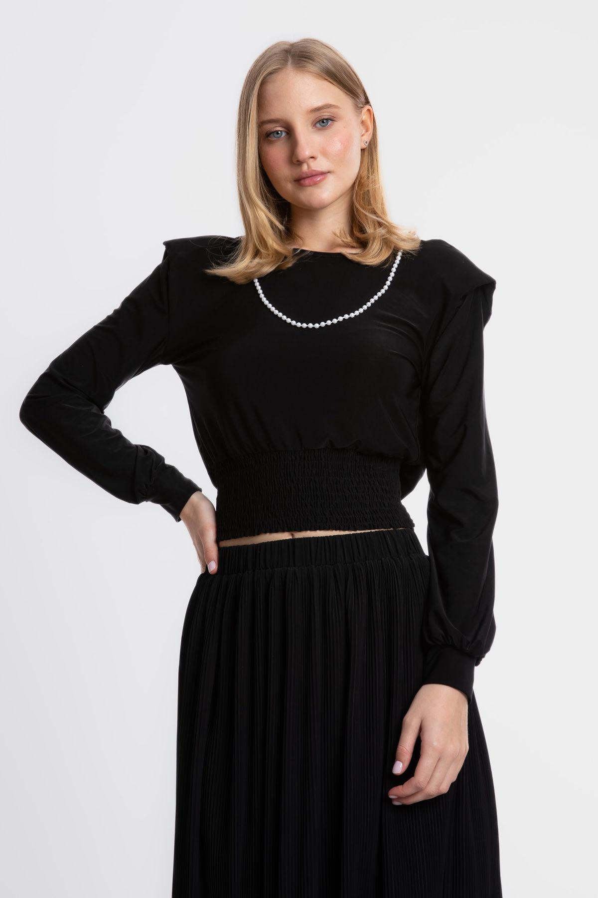Boat Neck Slinky Fabric Blouse with a Pearl Detail on the Neckline