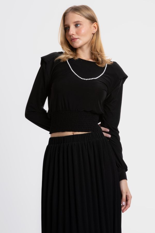 Boat Neck Slinky Fabric Blouse with a Pearl Detail on the Neckline 2