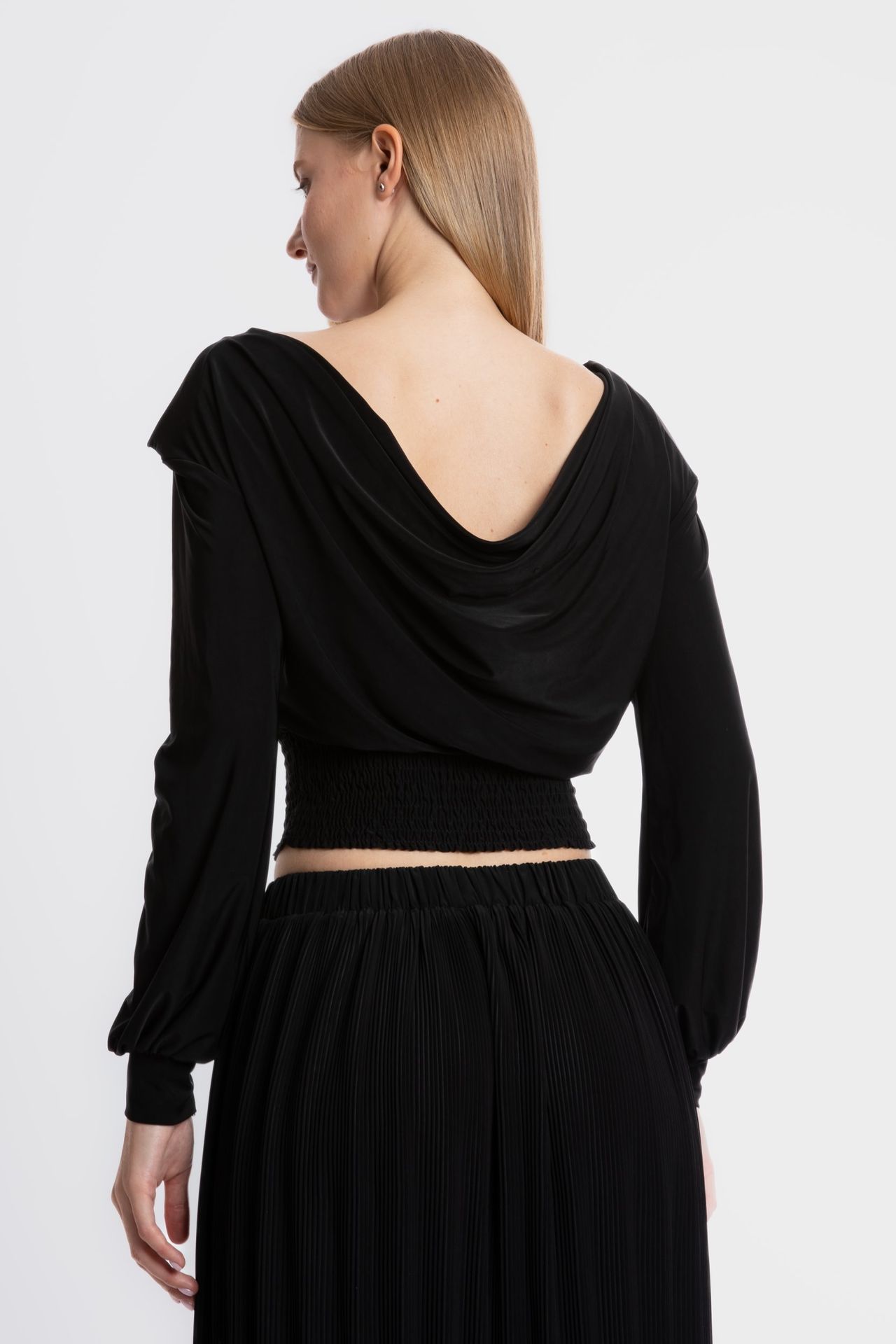 Boat Neck Slinky Fabric Blouse with a Pearl Detail on the Neckline