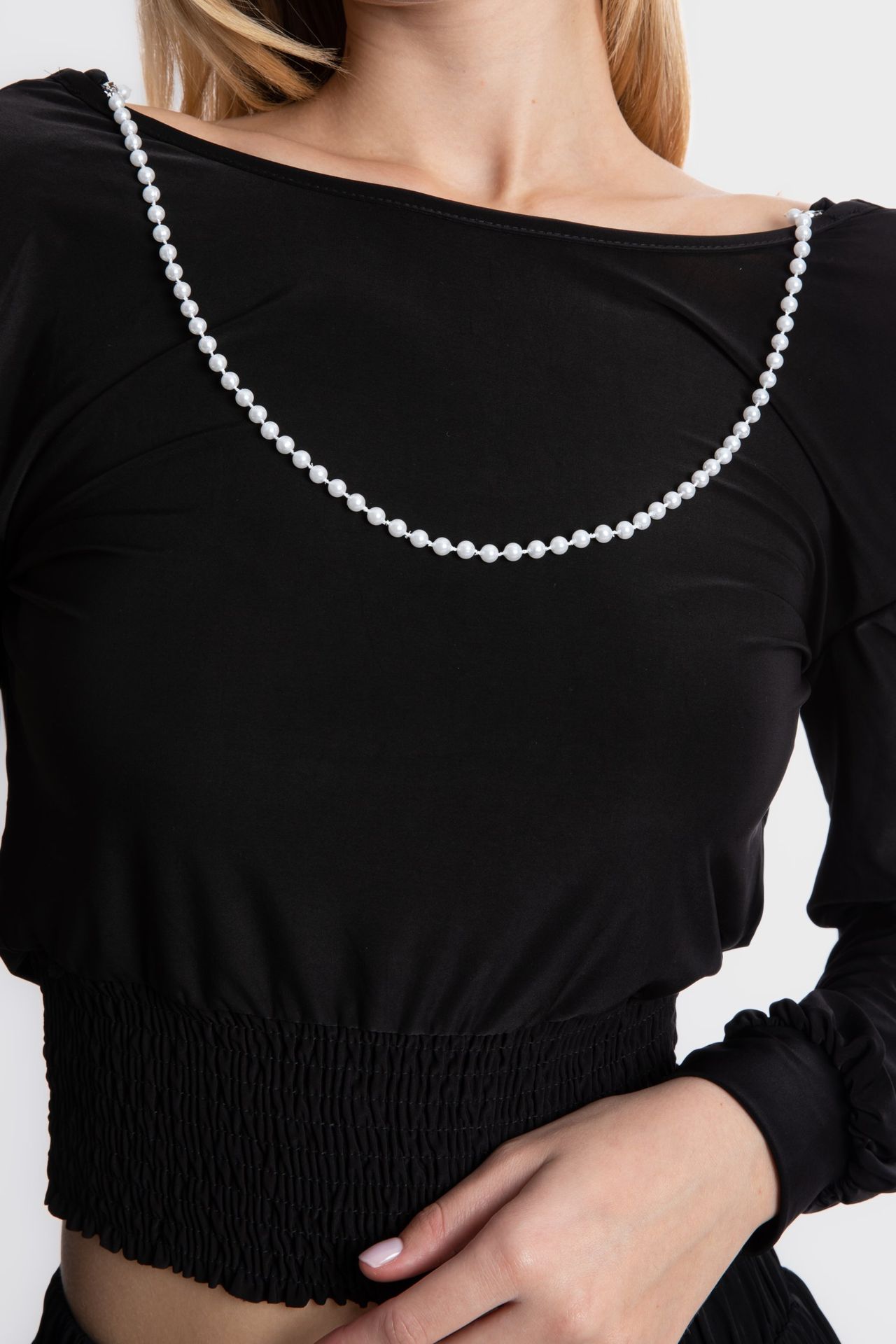 Boat Neck Slinky Fabric Blouse with a Pearl Detail on the Neckline