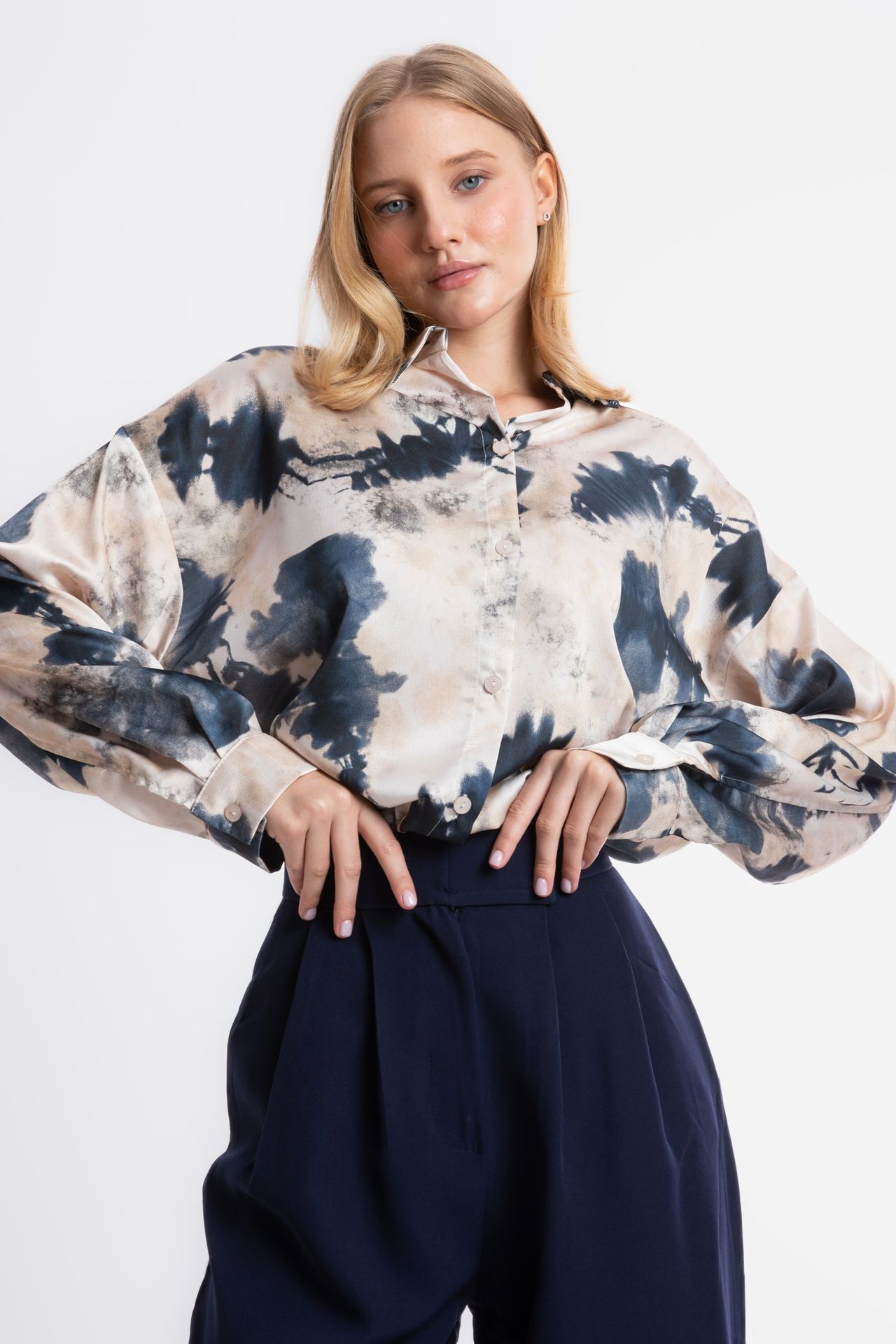 Watercolor Printed Satin Buttoned Shirt