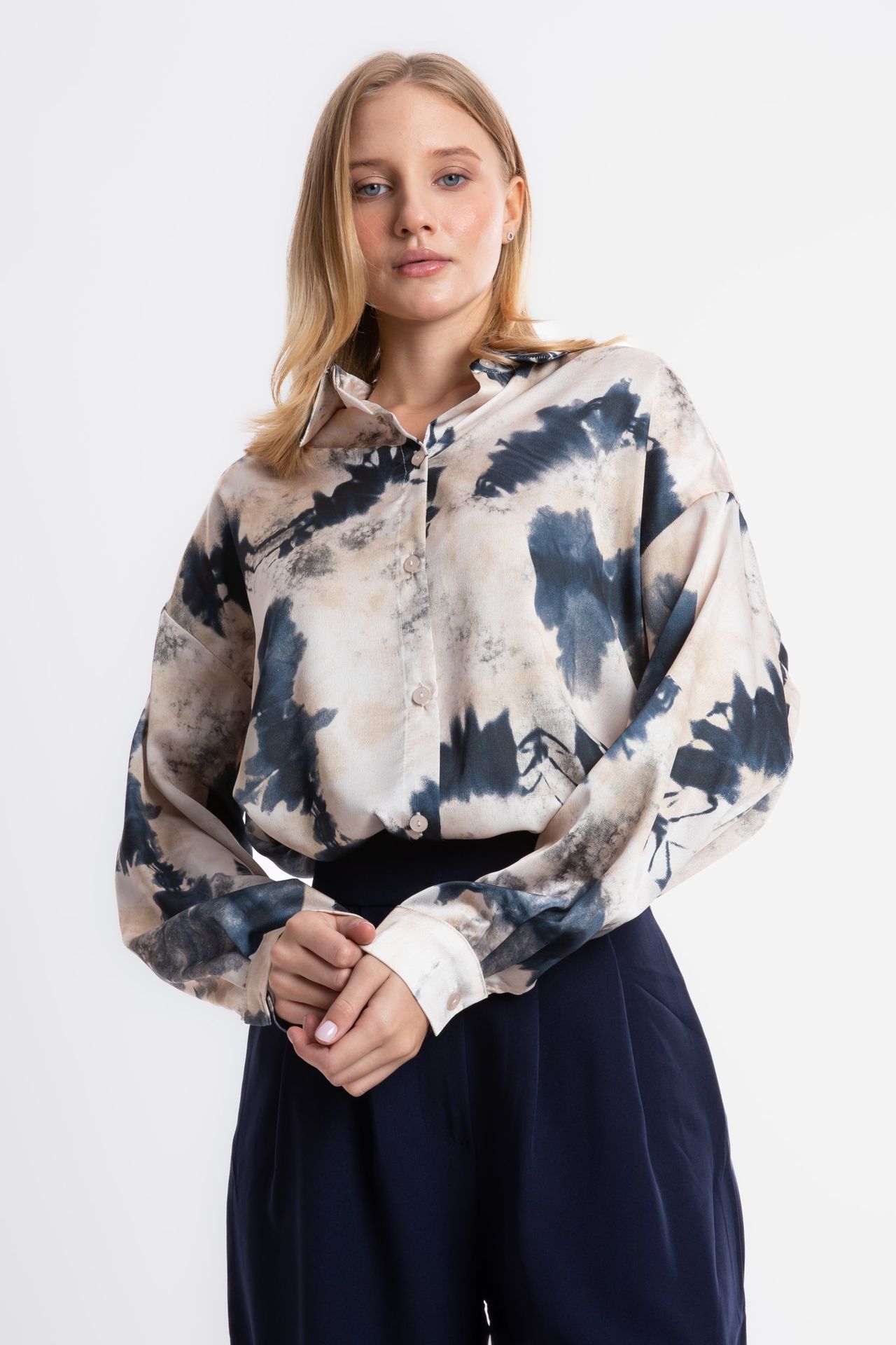 Watercolor Printed Satin Buttoned Shirt