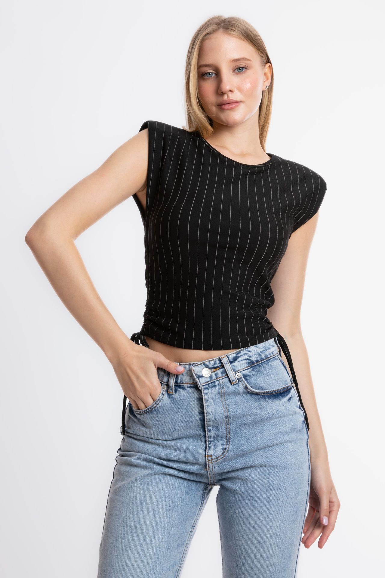 Striped Round Neck Ruched Sides Drawstring Blouse