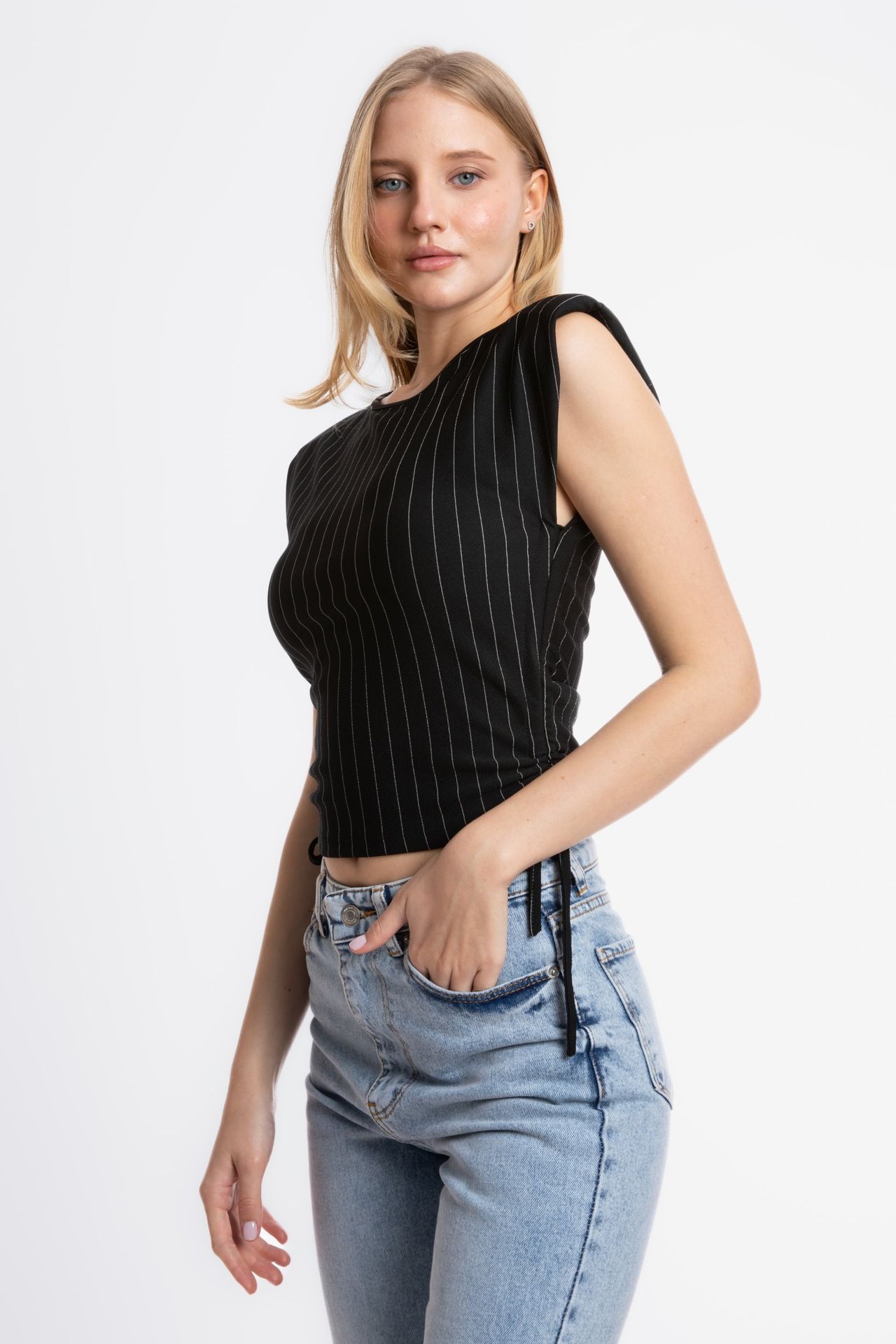 Striped Round Neck Ruched Sides Drawstring Blouse