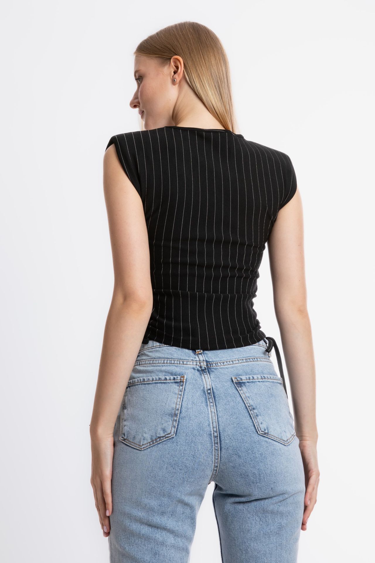 Striped Round Neck Ruched Sides Drawstring Blouse