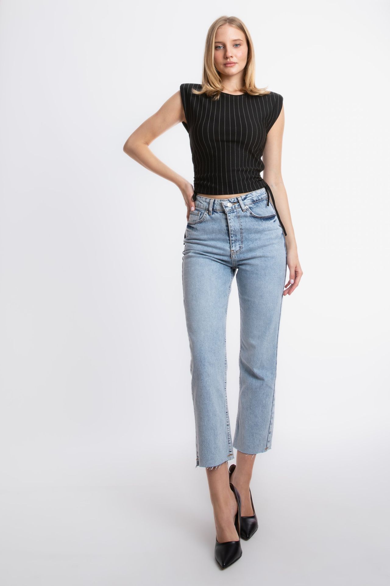 Striped Round Neck Ruched Sides Drawstring Blouse