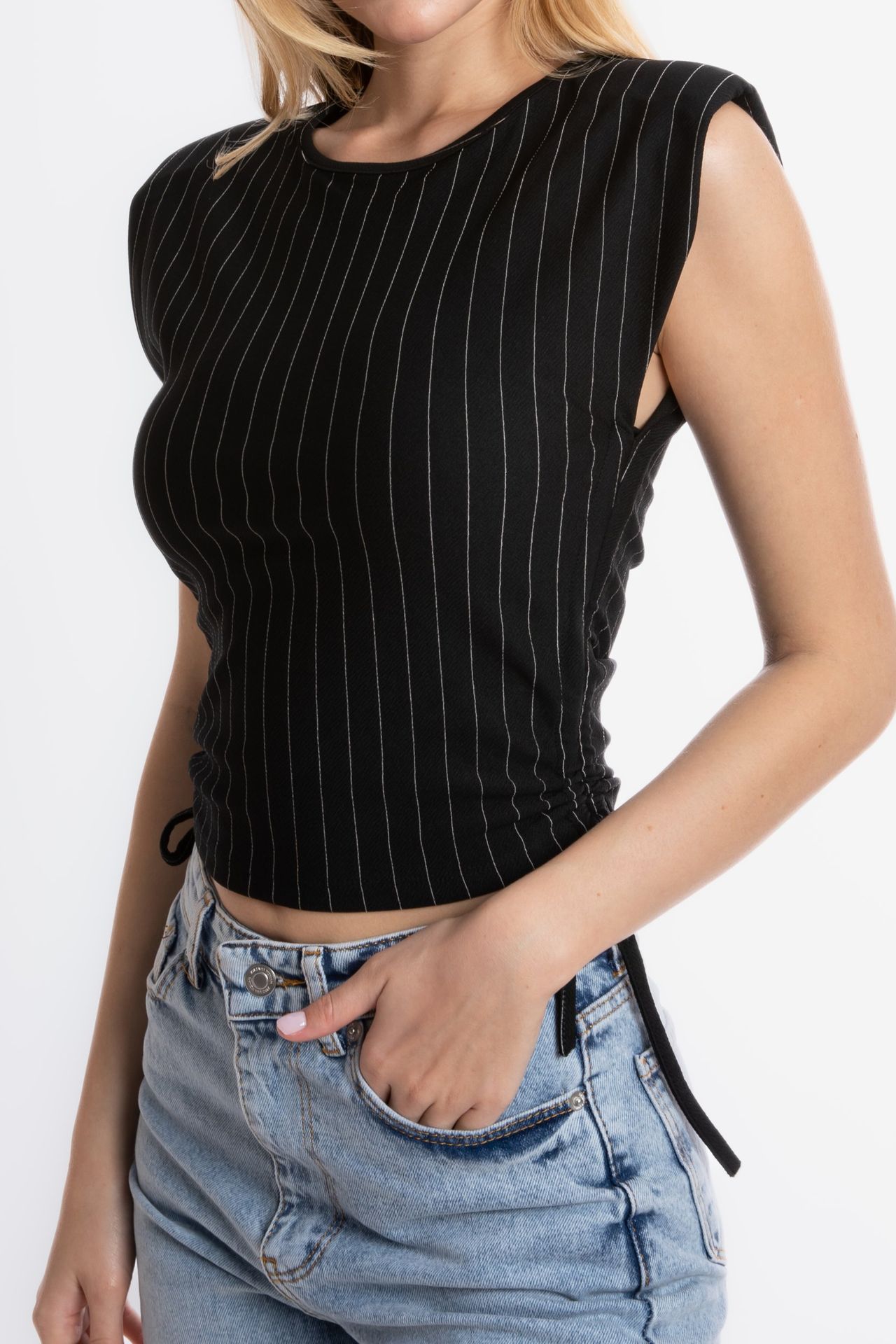 Striped Round Neck Ruched Sides Drawstring Blouse