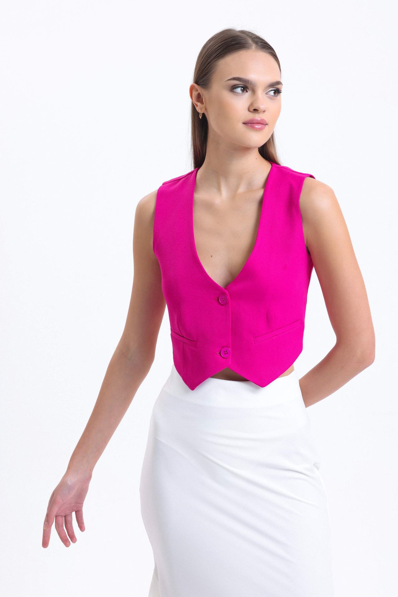 V Neck Buttoned Cropped Waistcoat