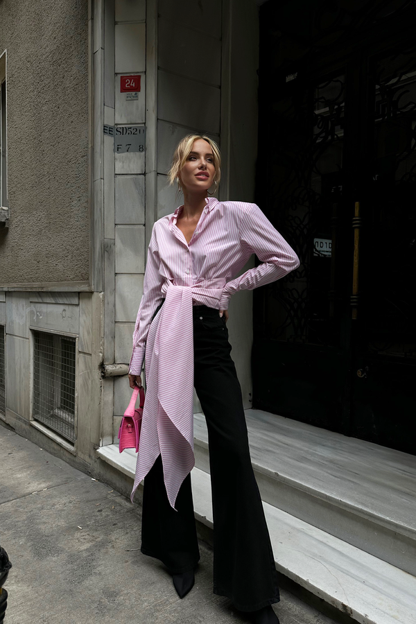 Striped Long Shirt with a Tie Up Detail 2
