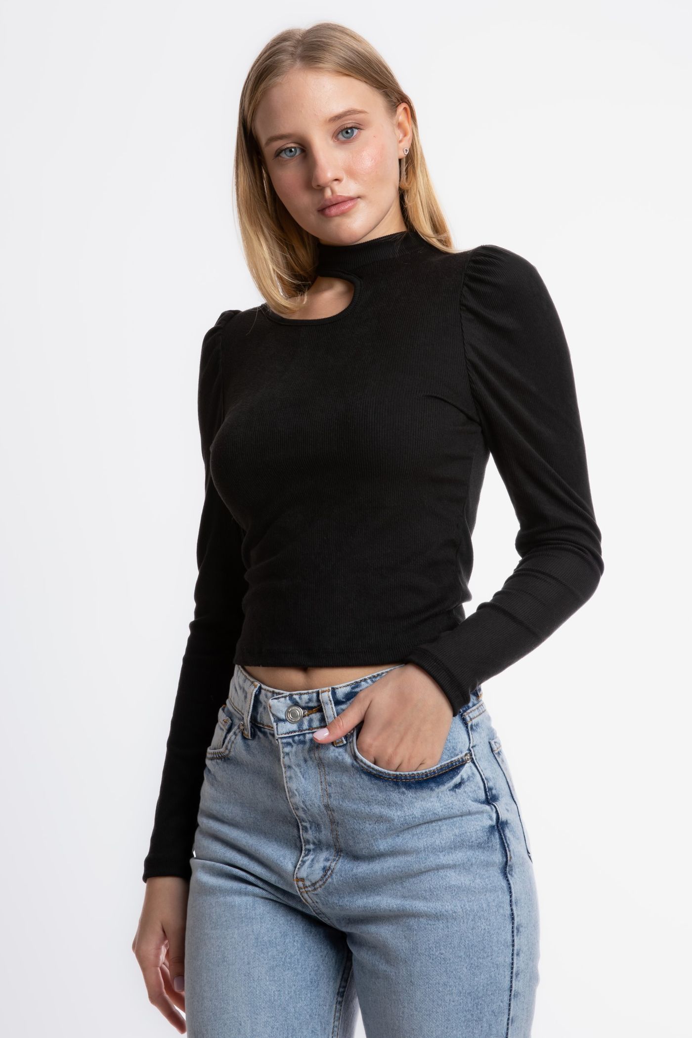 High Neck Ribbed Cut Out Long Sleeve Top