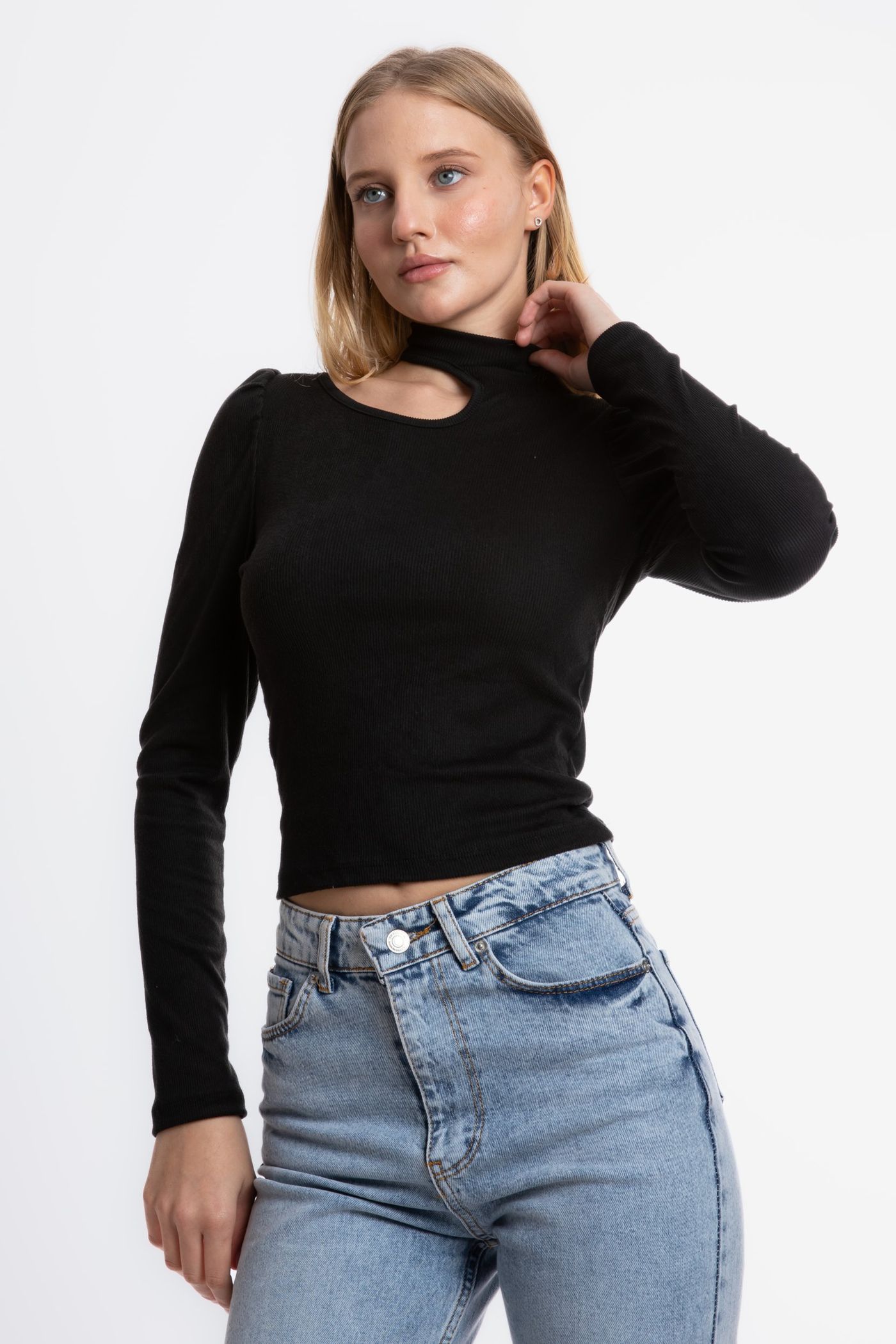 High Neck Ribbed Cut Out Long Sleeve Top